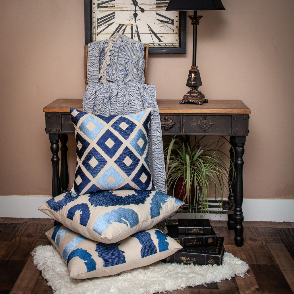 Blue and Beige Woven Handloom Throw with Tassels - Minihomy