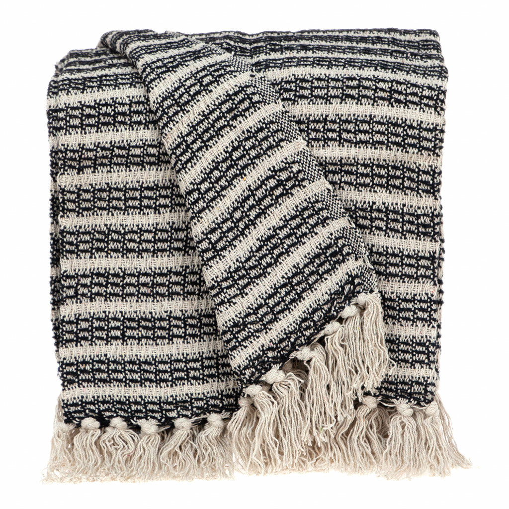 Black and Beige Striped Woven Handloom Throw Blanket - Minihomy