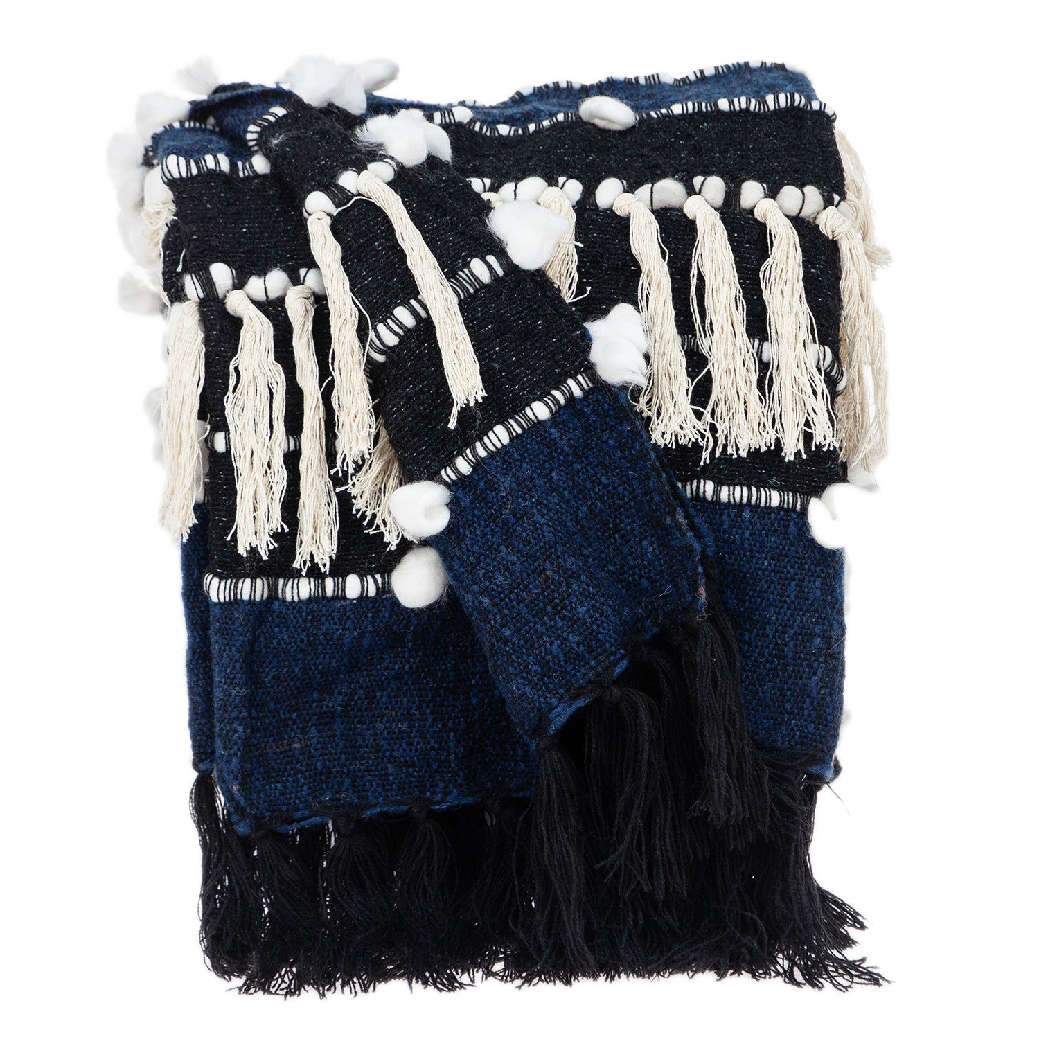 Navy Blue Boho Woven Handloom Throw with Pom Pom - Minihomy