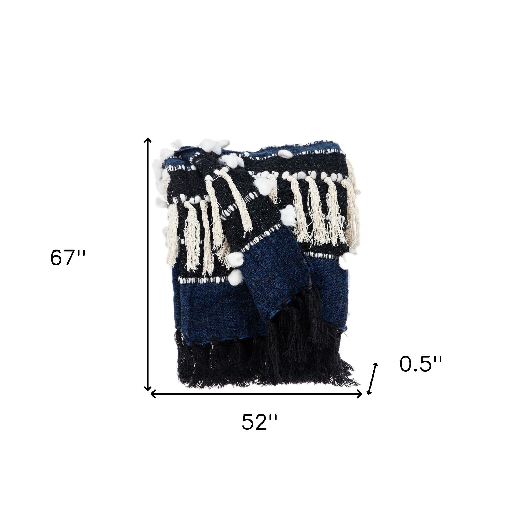 Navy Blue Boho Woven Handloom Throw with Pom Pom - Minihomy