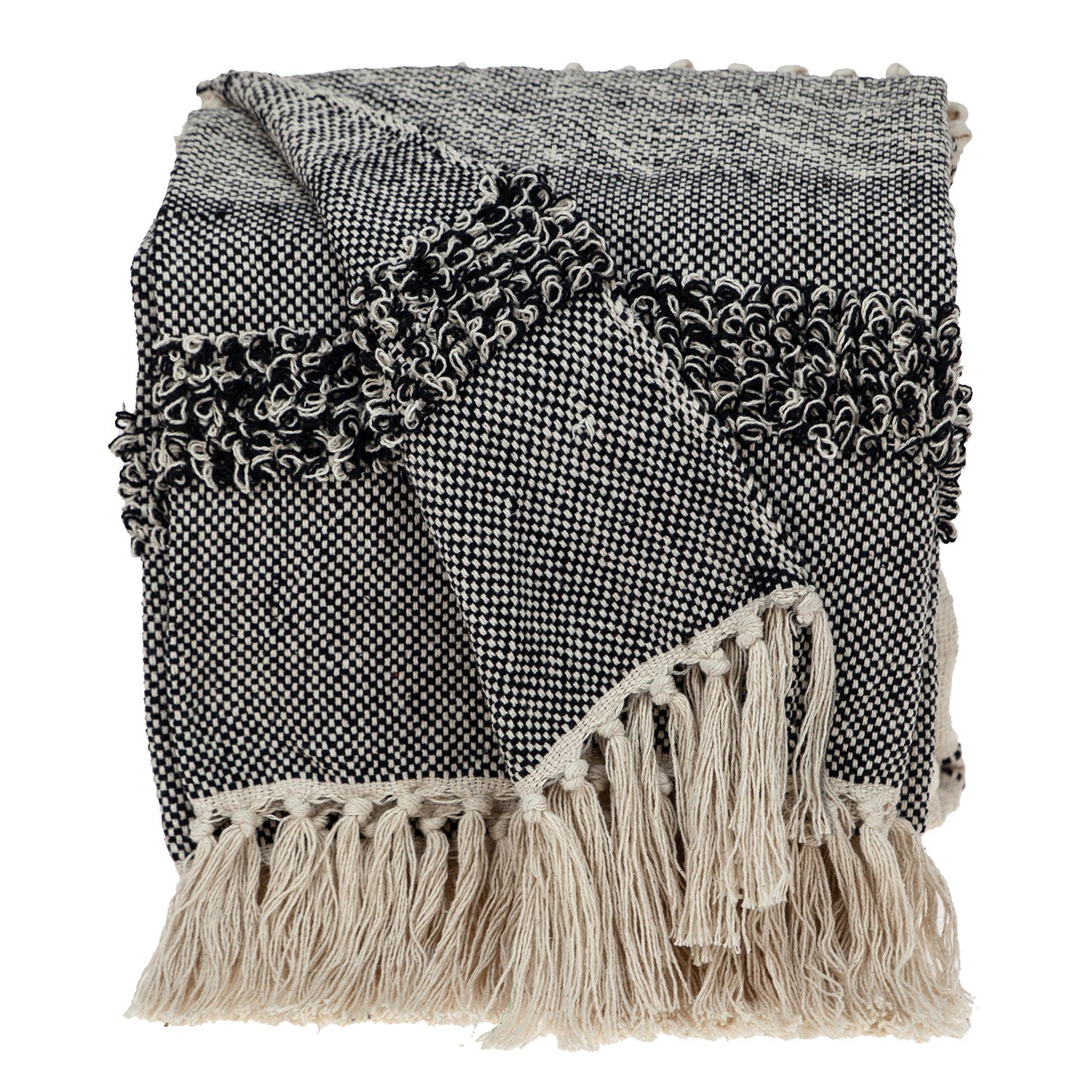 Boho Beige and Black Handloom Weave Throw with Decorative Tassels - Minihomy