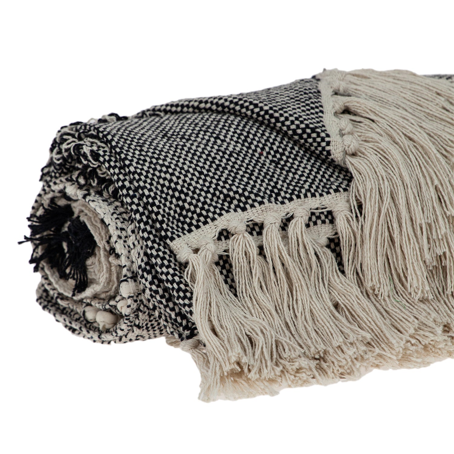 Boho Beige and Black Handloom Weave Throw with Decorative Tassels - Minihomy