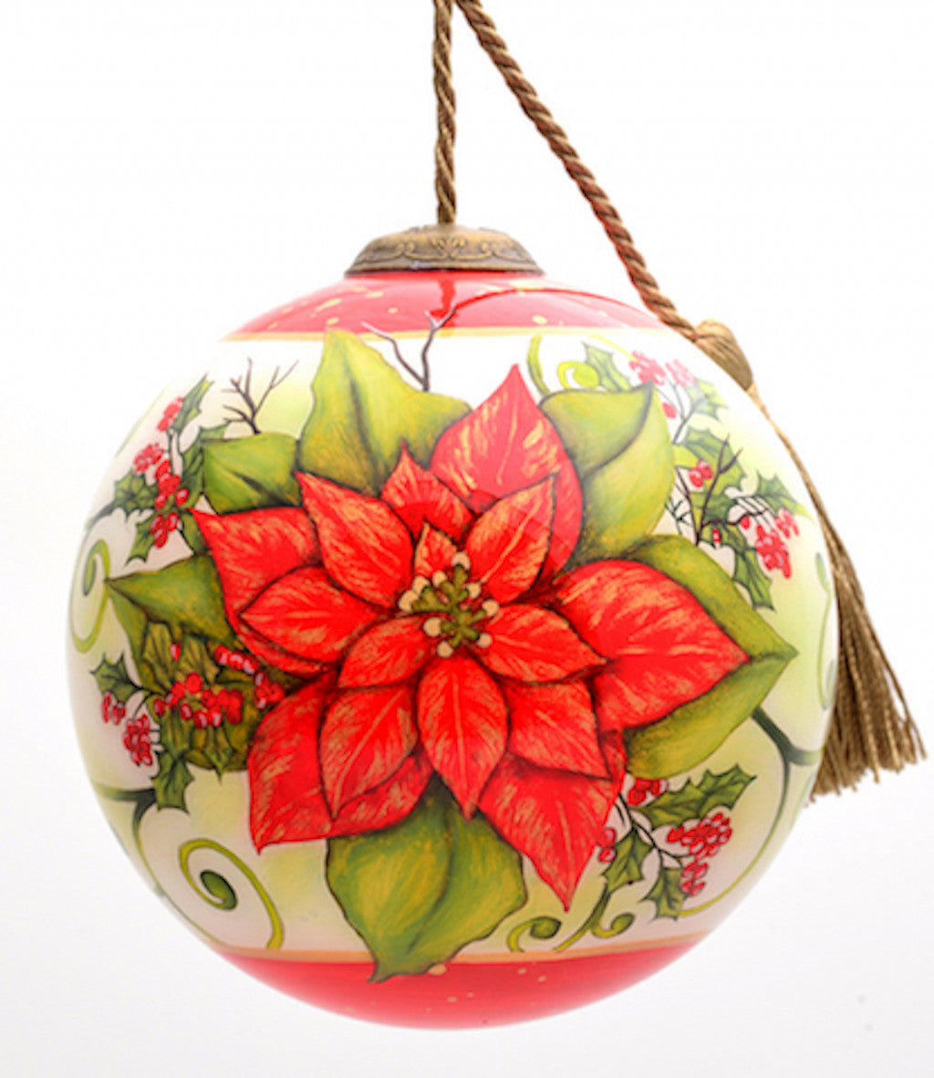 Poinsettia Flower Hand Painted Mouth Blown Glass Ornament - Minihomy