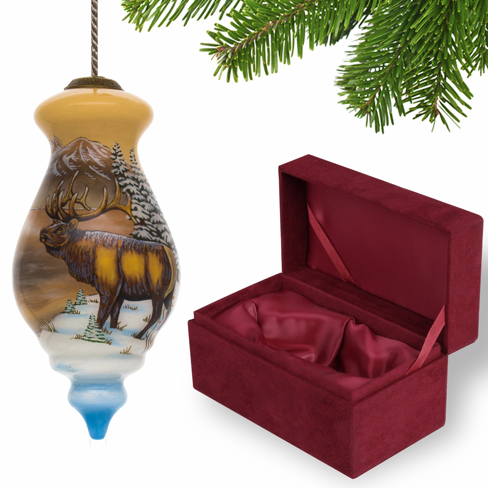 Elk on the Mountains Hand Painted Mouth Blown Glass Ornament - Minihomy