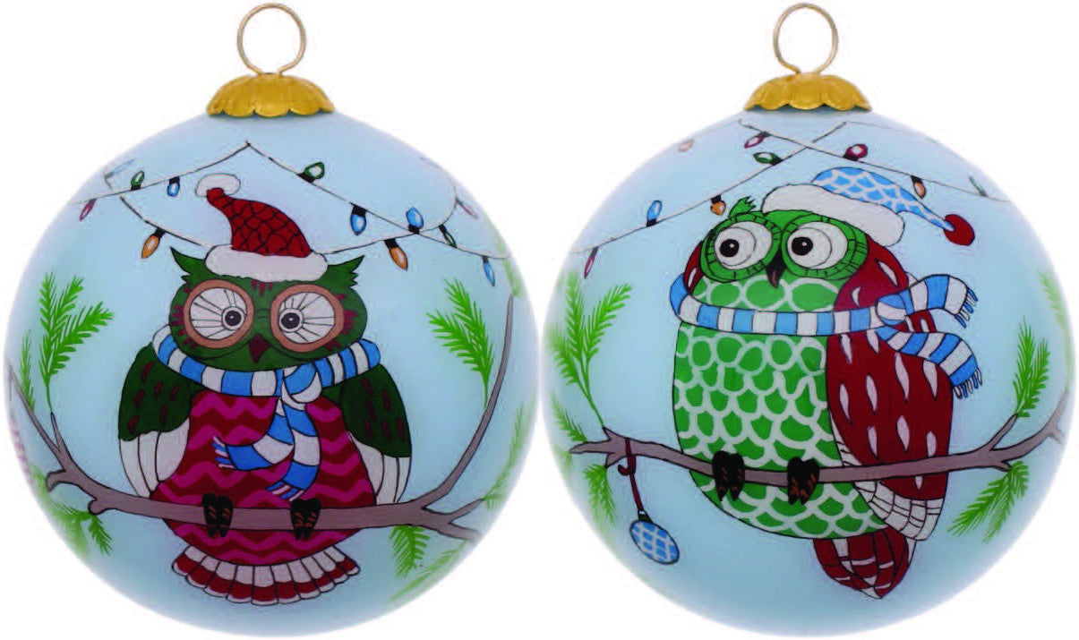 Whimsical Owl Hand Painted Mouth Blown Glass Ornament