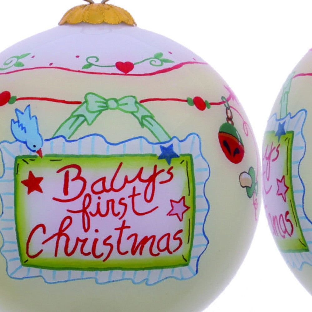 Baby's First Christmas with Motifs Hand Painted Mouth Blown Glass Ornament - Minihomy