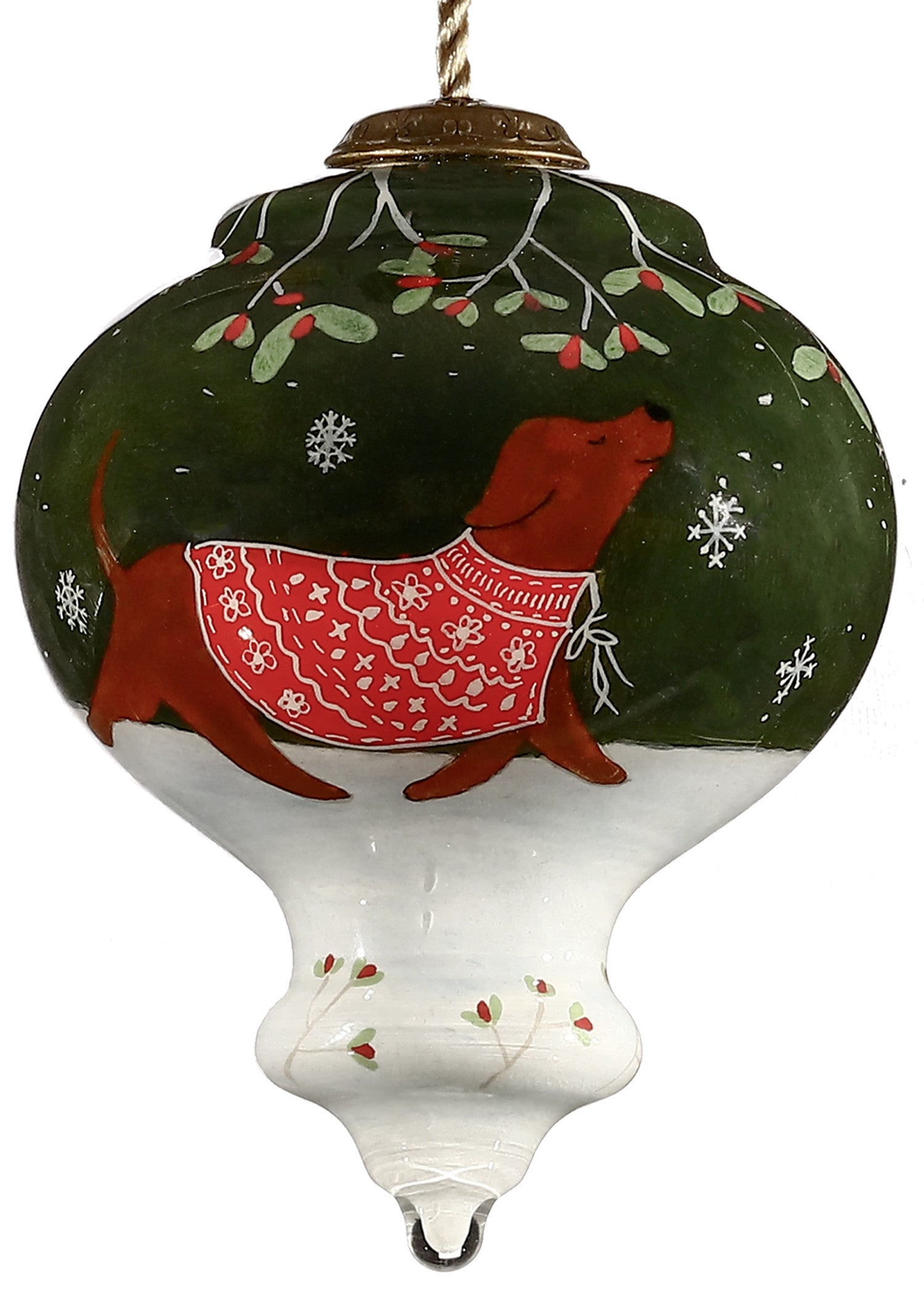 Trotting Dog in Comfy Christmas Attire Hand Painted Mouth Blown Glass Ornament