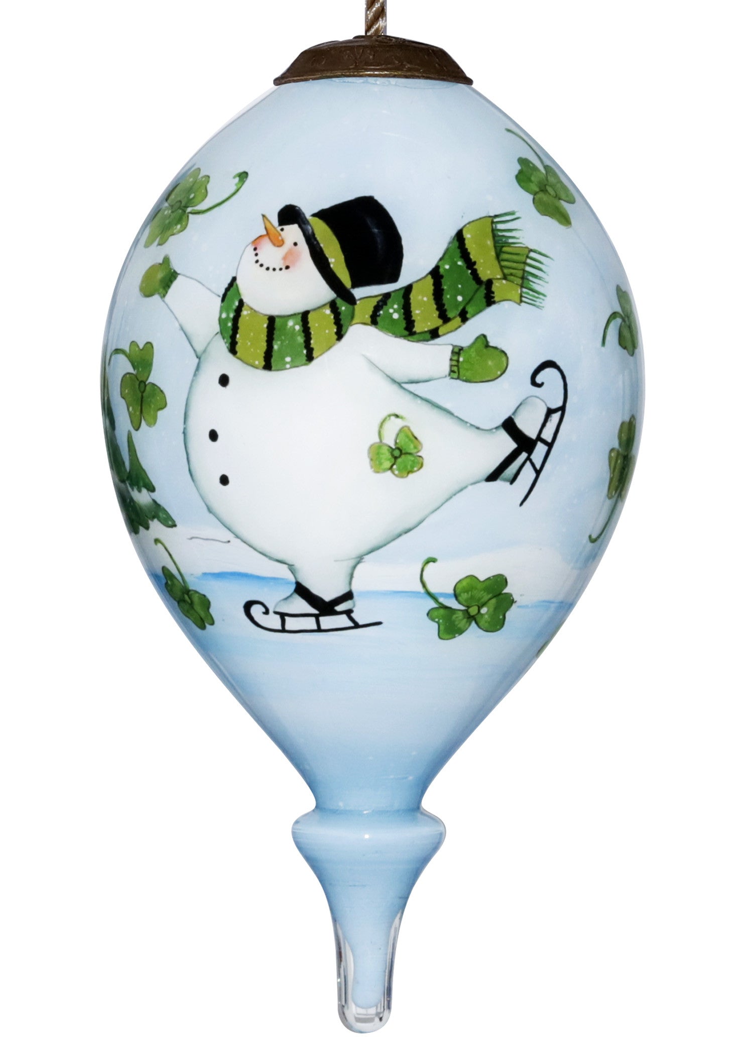 Ice Skating Shamrock Snowman Hand Painted Mouth Blown Glass Ornament - Minihomy