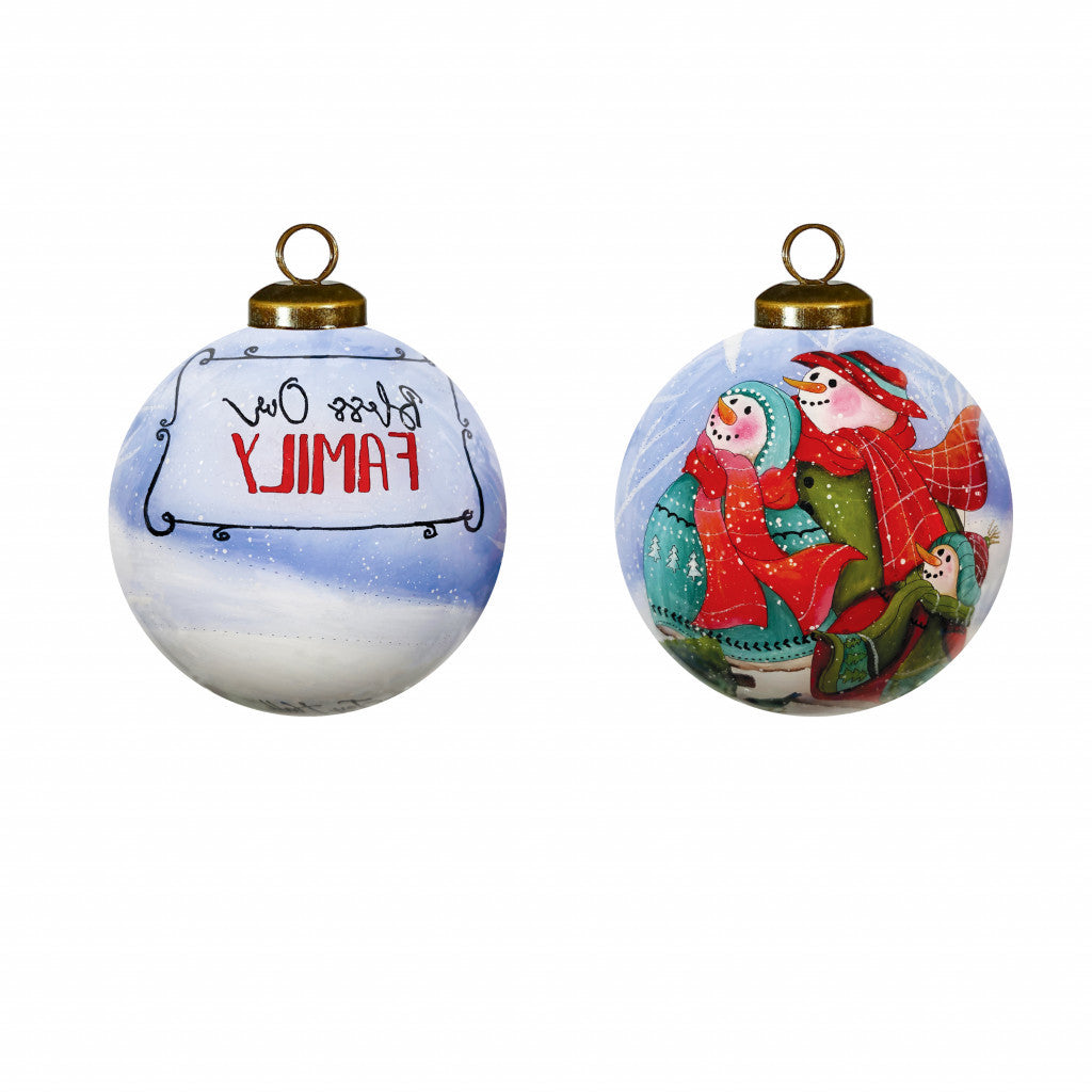 Snowman Family Bless Our Family Wordings Hand Painted Mouth Blown Glass Ornament