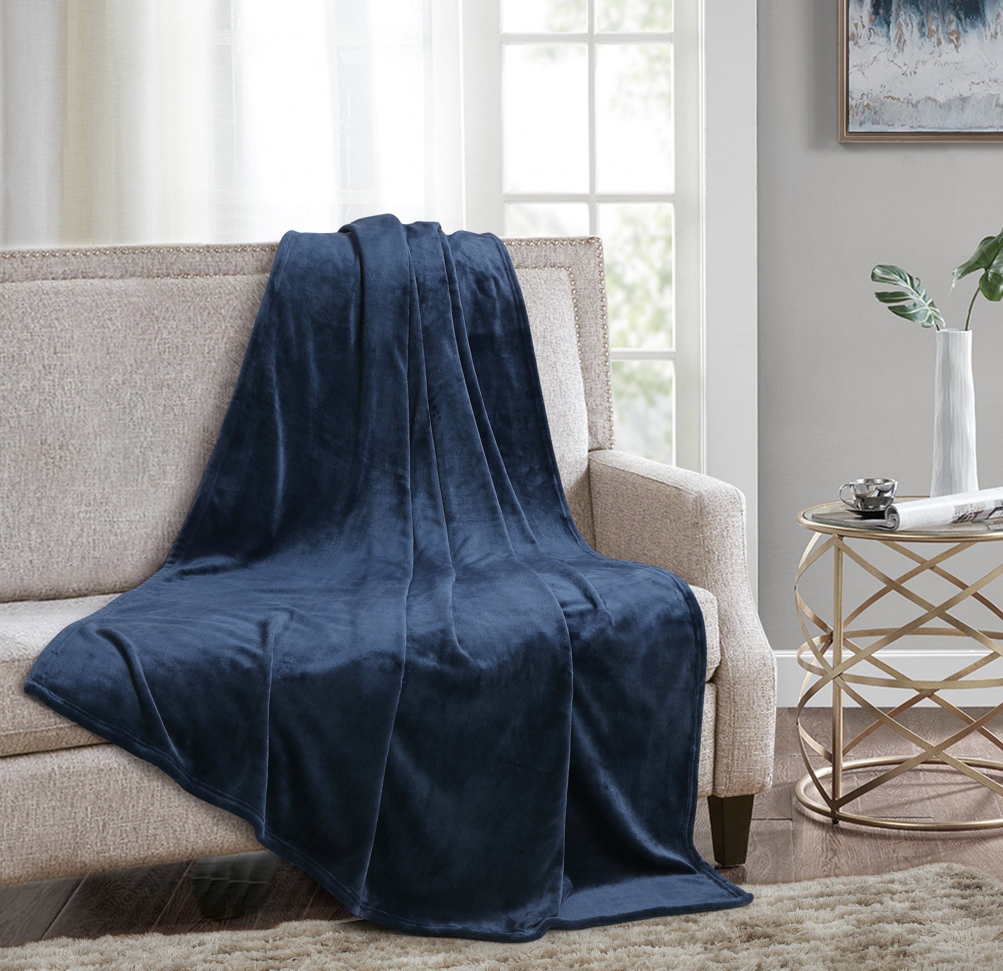 Navy Blue Solid Anti Microbial Oversized Throw - Minihomy