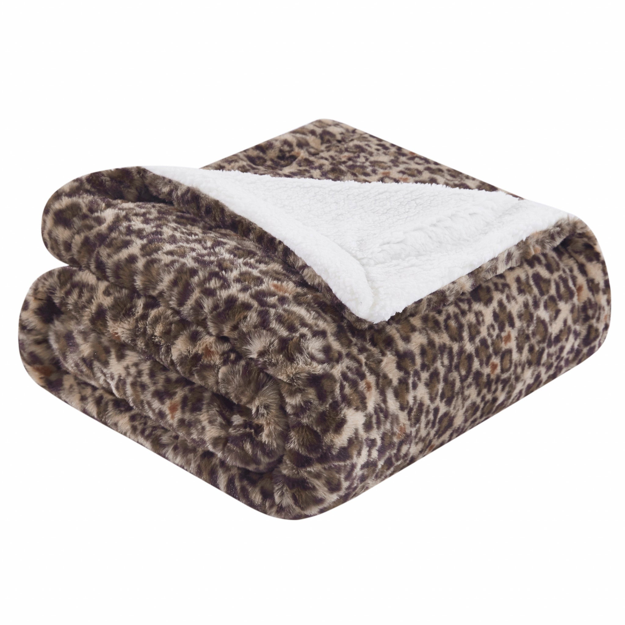 Reversible Leopard Brown Faux Rabbit Fur and Sherpa Throw Blanket