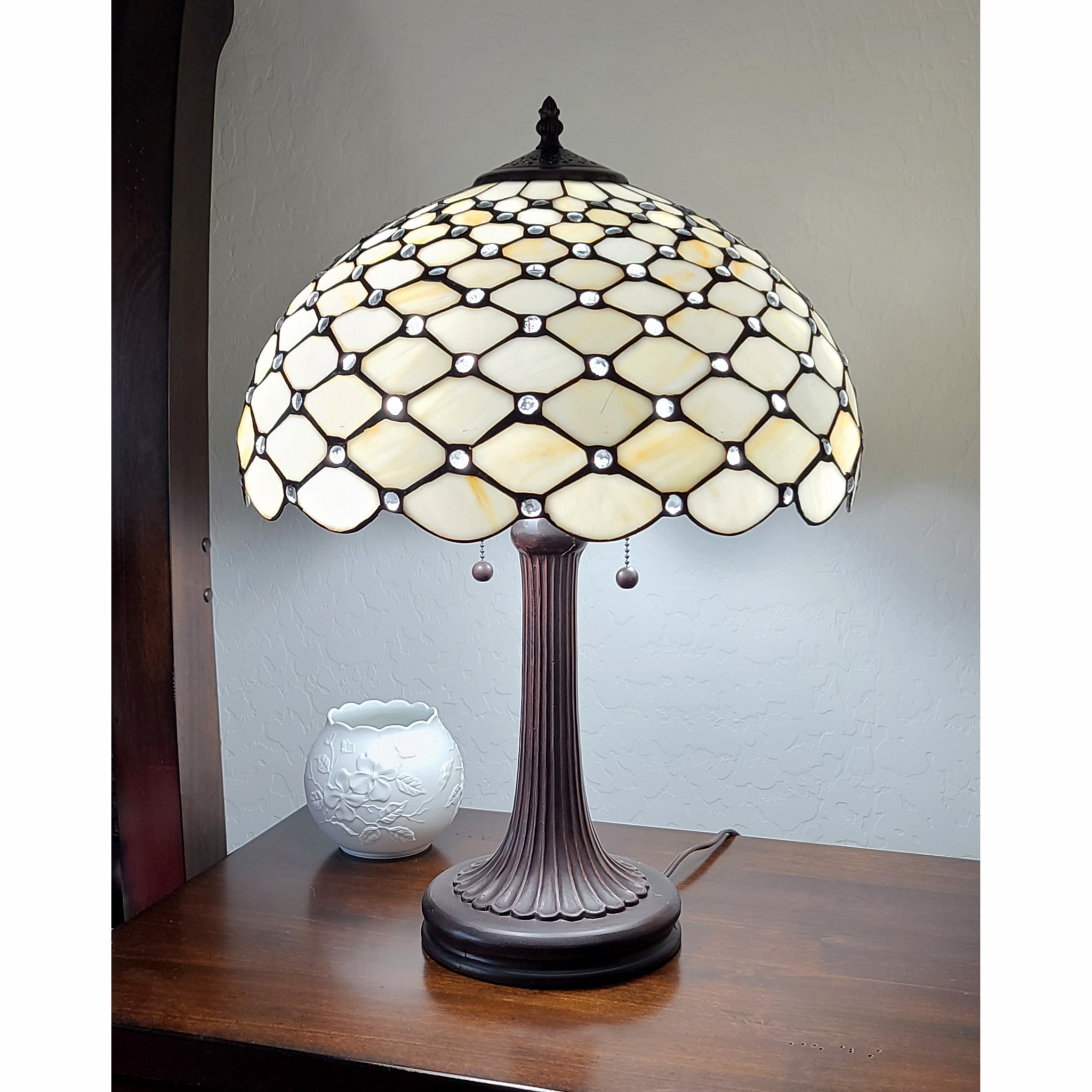 24" Stained Glass Two Light Jeweled Vintage Accent Table Lamp - Minihomy