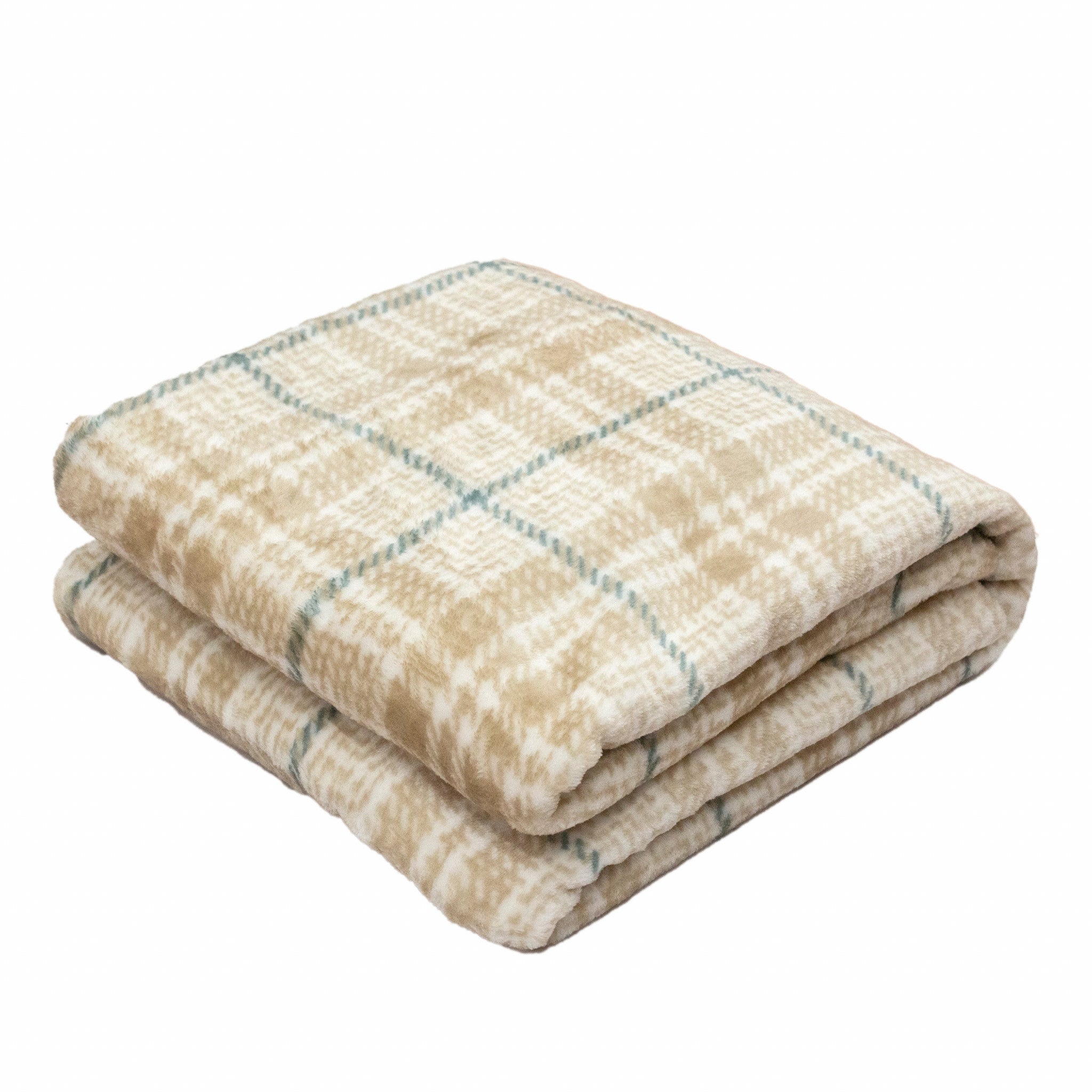 Brushed Check Tan Green Reversible Velvet and Sherpa Throw Blanket - Minihomy