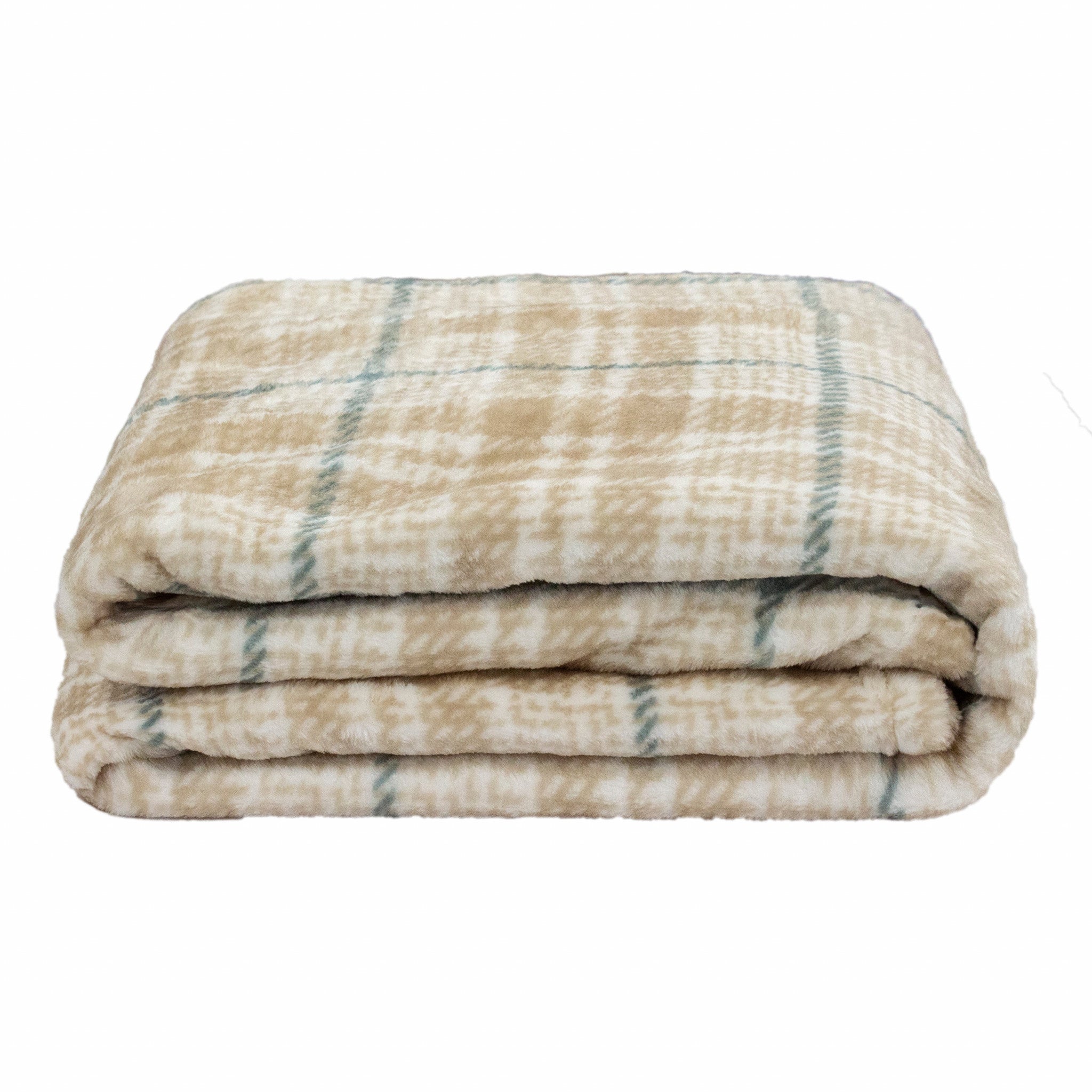 Brushed Check Tan Green Reversible Velvet and Sherpa Throw Blanket - Minihomy