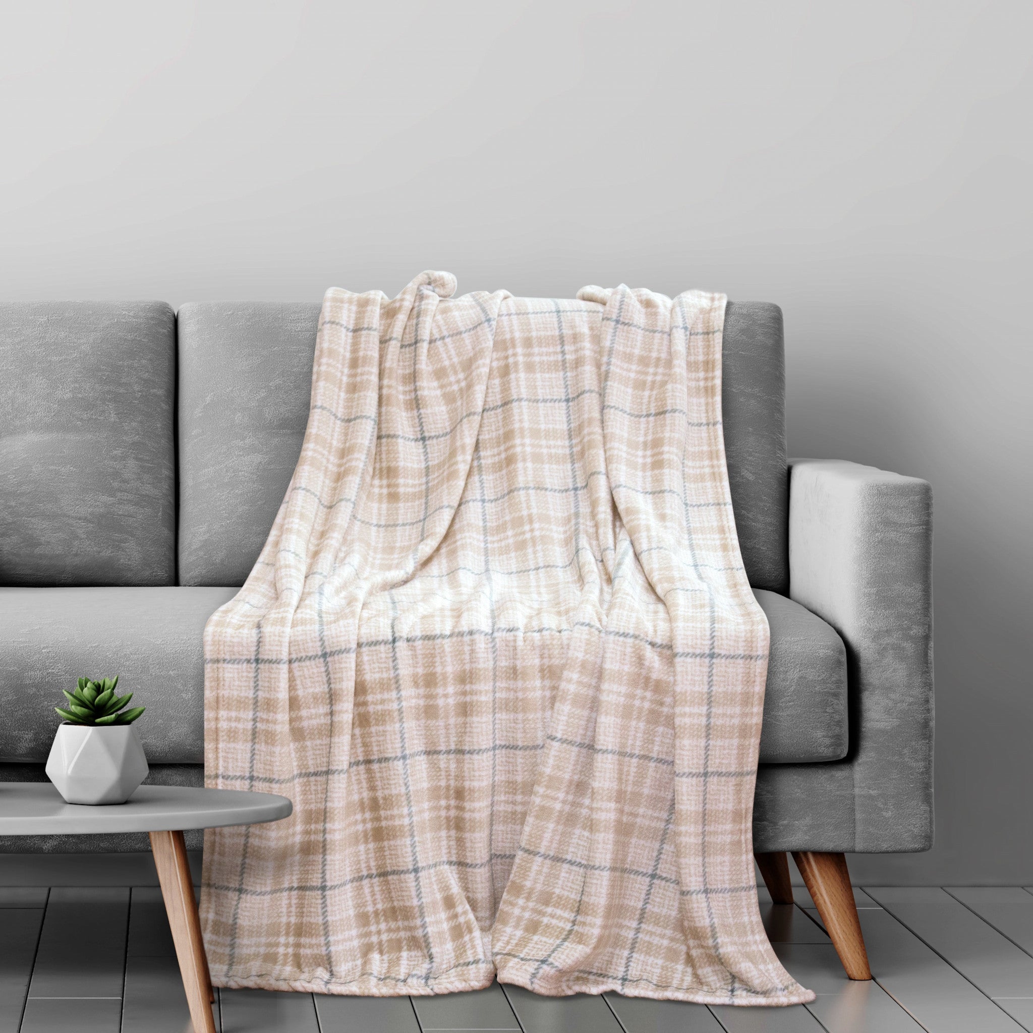 Brushed Check Tan Green Reversible Velvet and Sherpa Throw Blanket - Minihomy