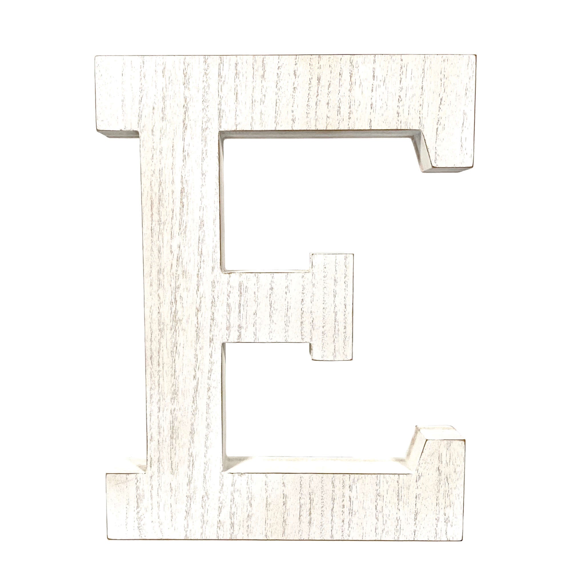 16" Distressed White Wash Wooden Initial Letter E Sculpture - Minihomy