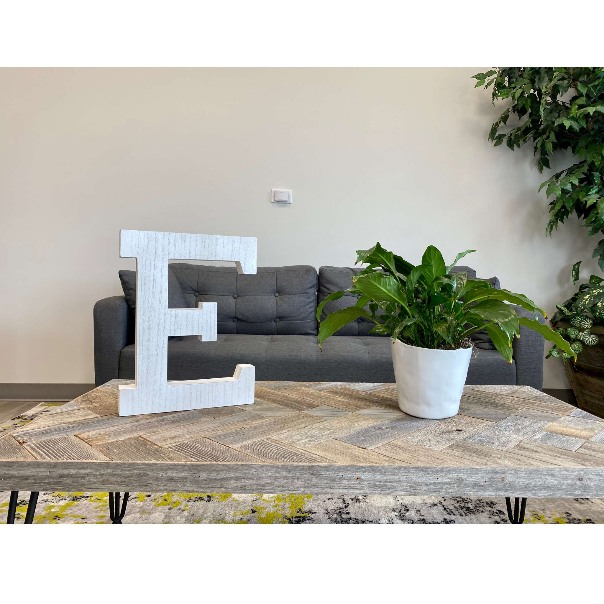 16" Distressed White Wash Wooden Initial Letter E Sculpture - Minihomy