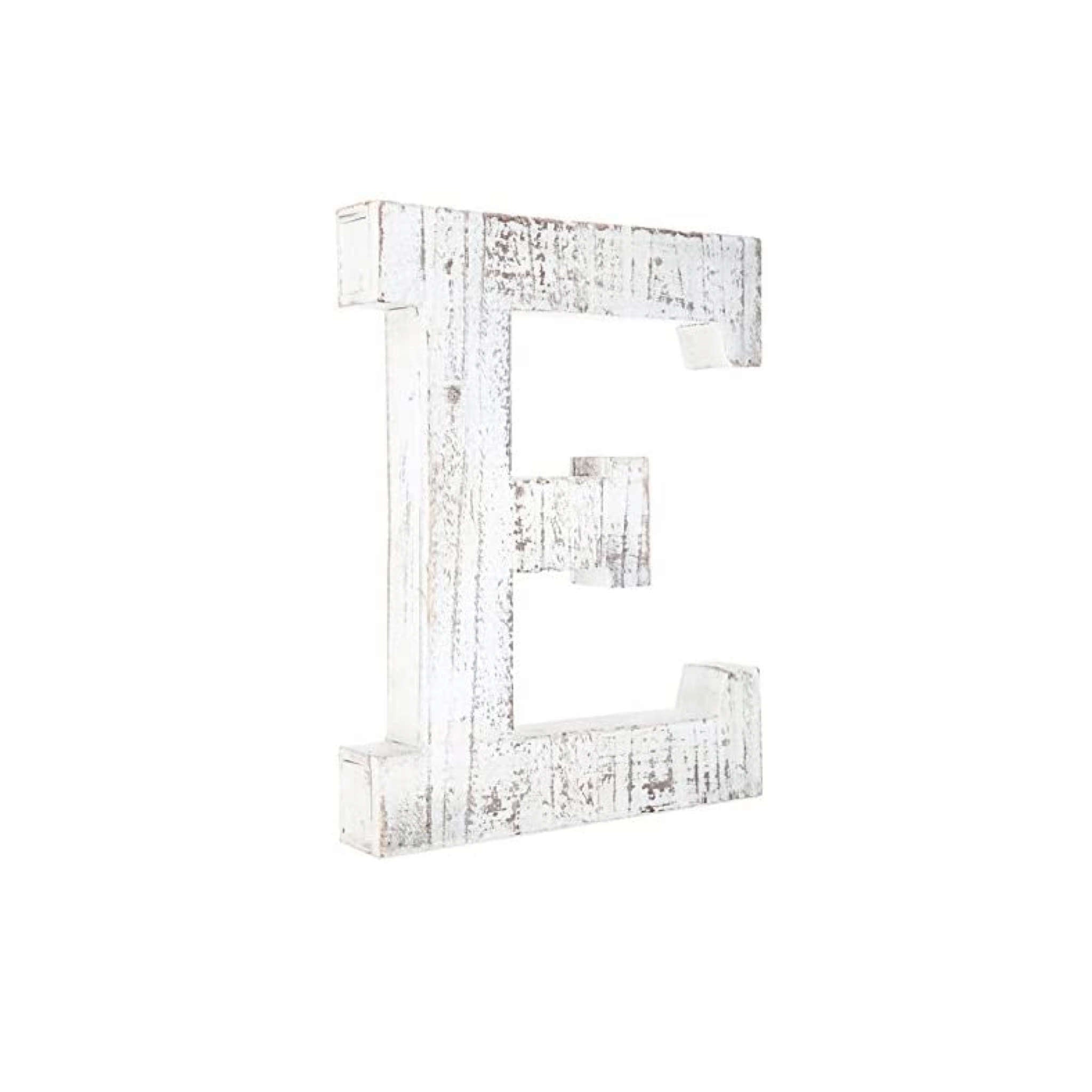 16" Distressed White Wash Wooden Initial Letter E Sculpture - Minihomy