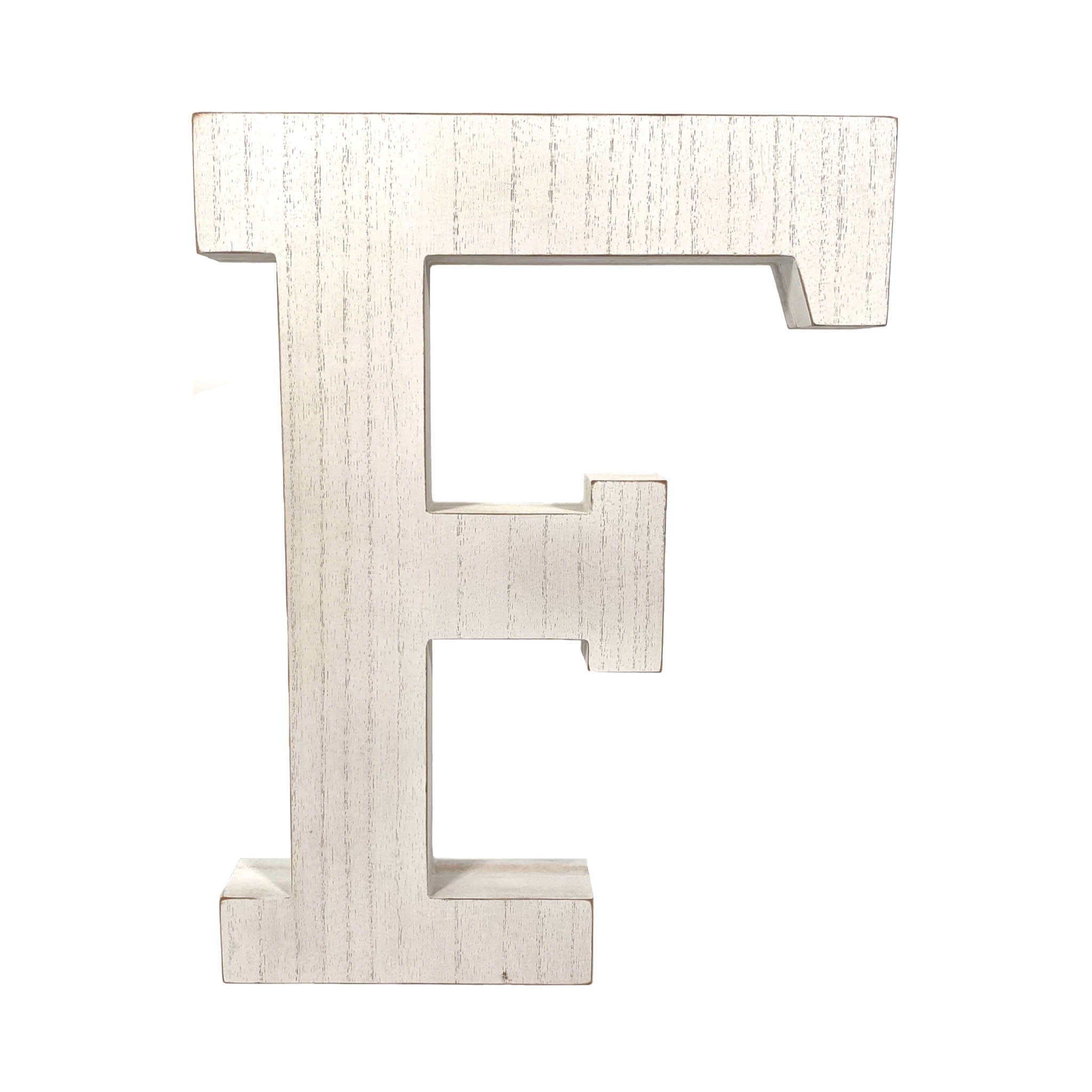 16" Distressed White Wash Wooden Initial Letter F Sculpture - Minihomy