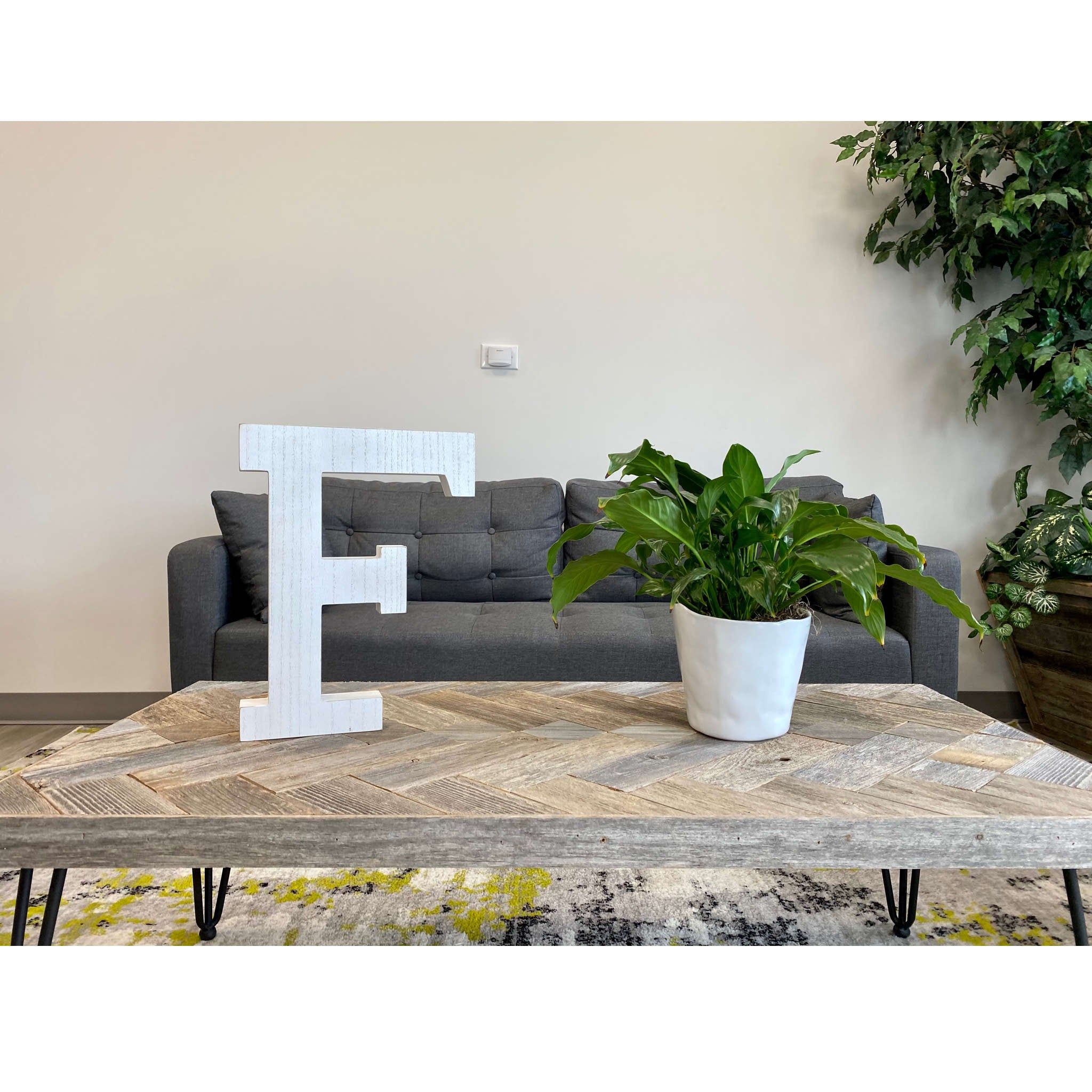 16" Distressed White Wash Wooden Initial Letter F Sculpture - Minihomy