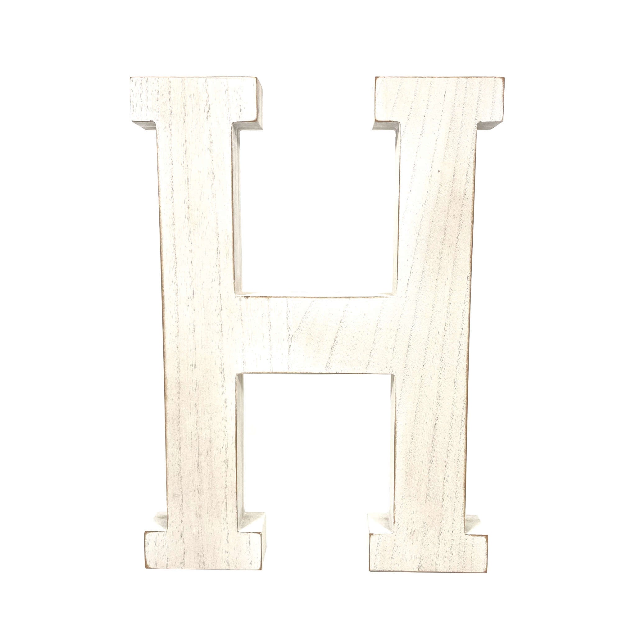 16" Distressed White Wash Wooden Initial Letter H Sculpture - Minihomy