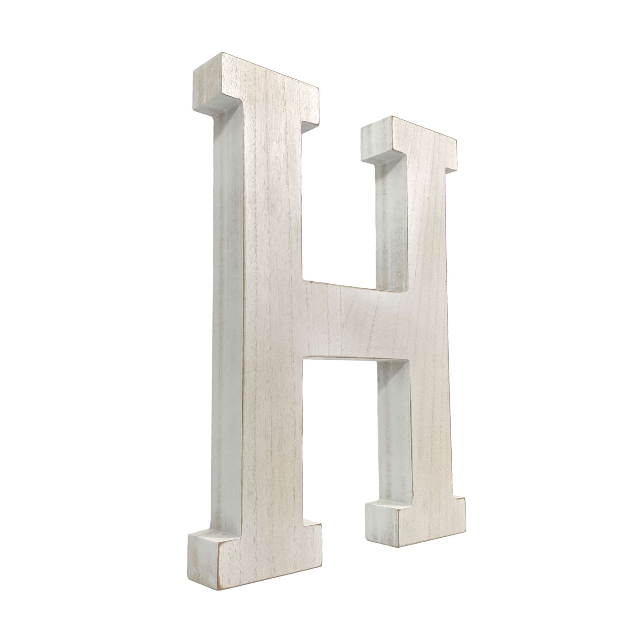 16" Distressed White Wash Wooden Initial Letter H Sculpture - Minihomy