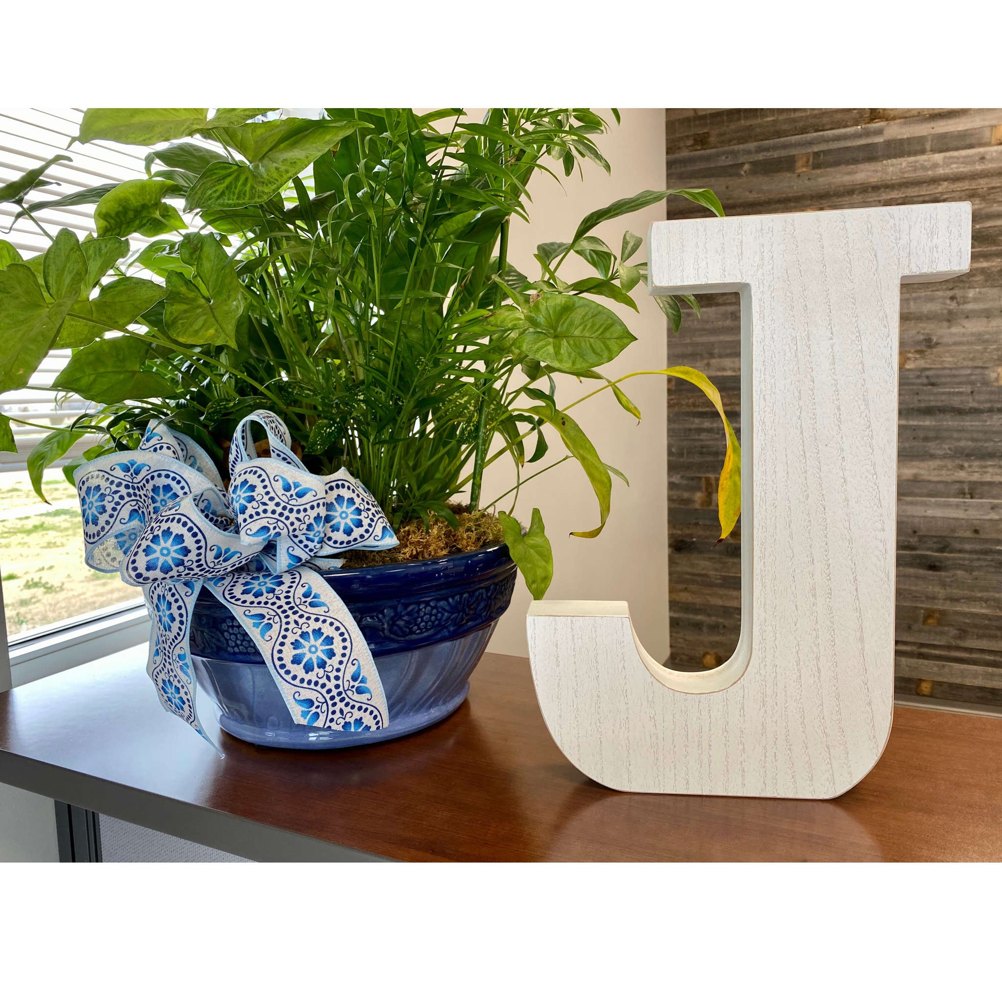 16" Distressed White Wash Wooden Initial Letter J Sculpture - Minihomy