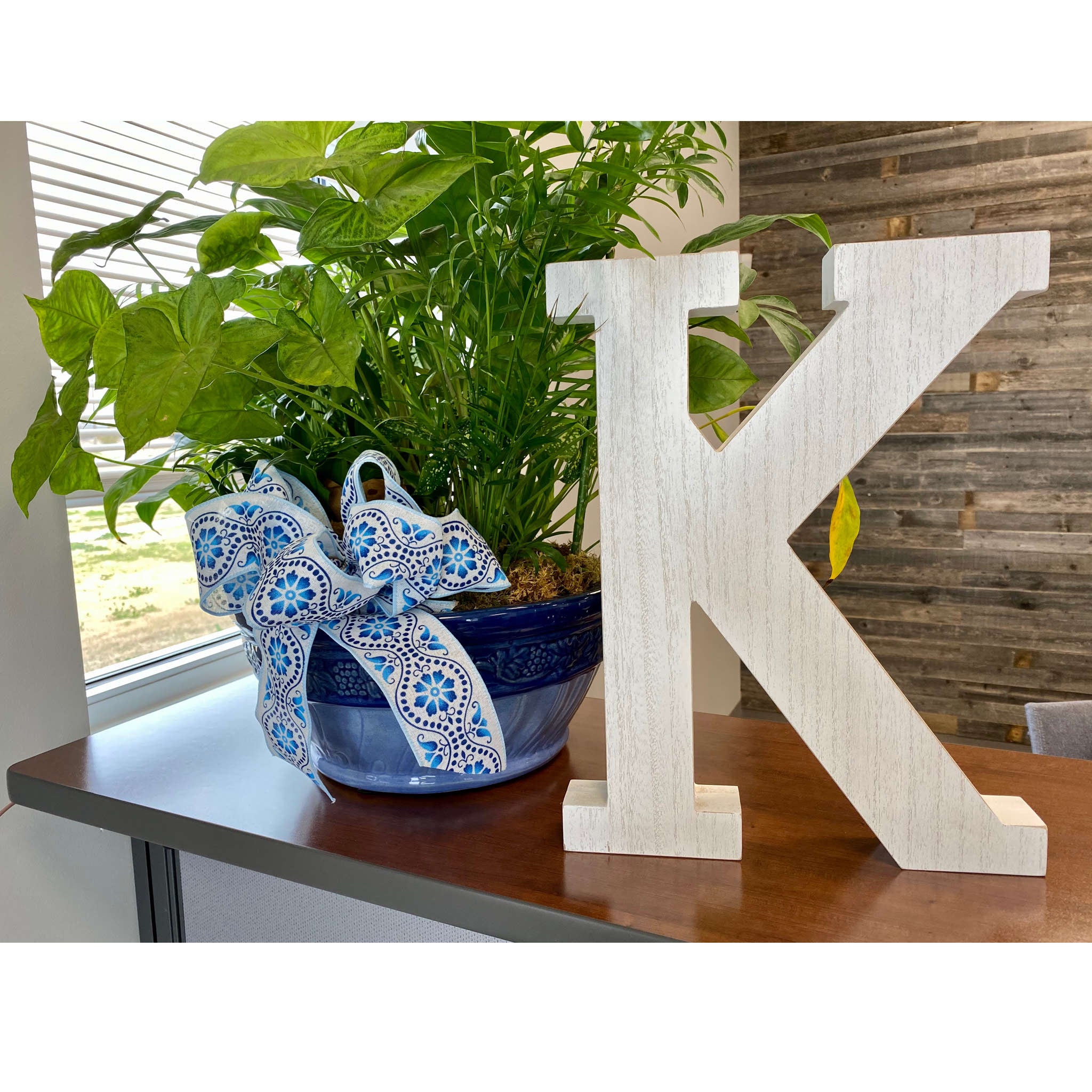 16" Distressed White Wash Wooden Initial Letter K Sculpture - Minihomy