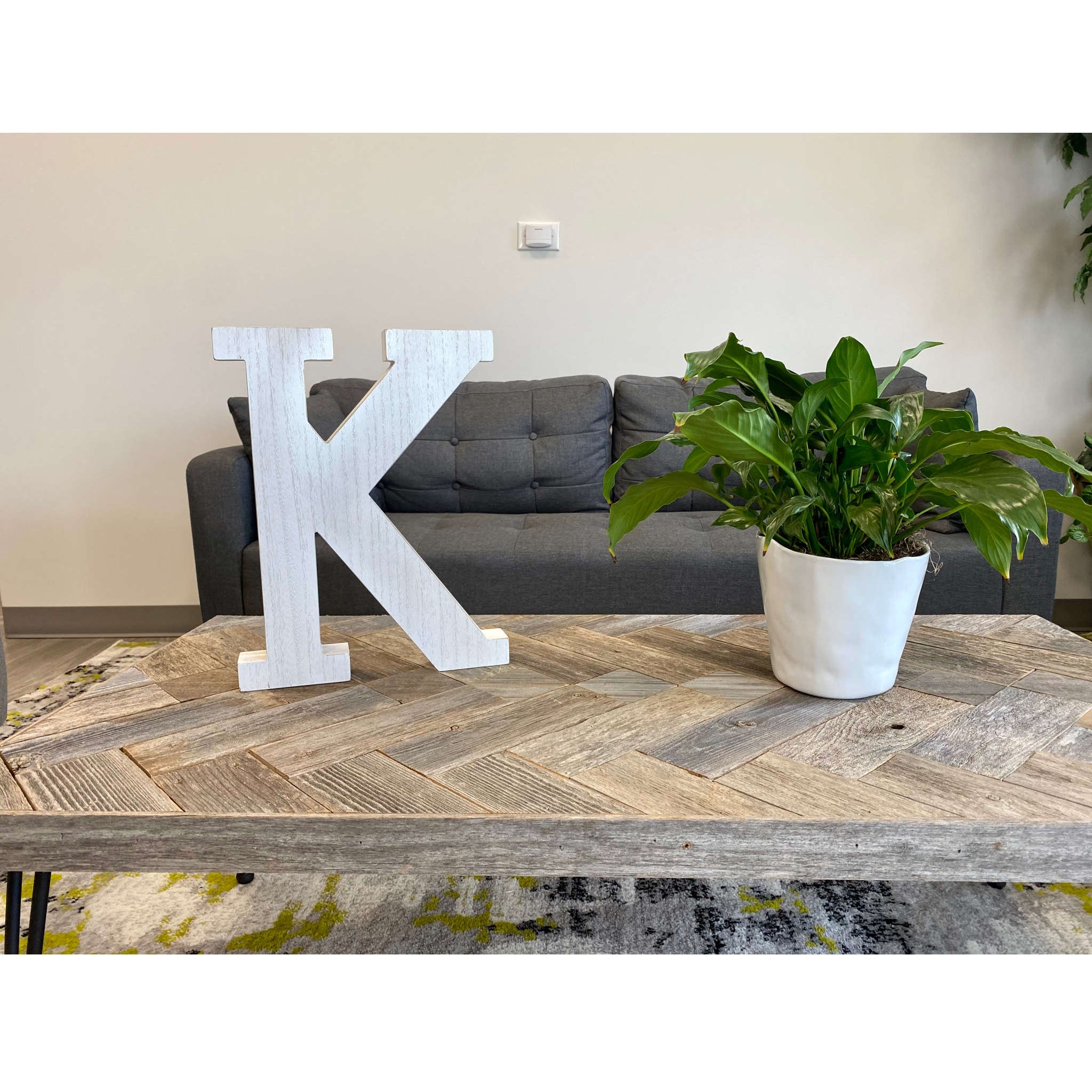 16" Distressed White Wash Wooden Initial Letter K Sculpture - Minihomy