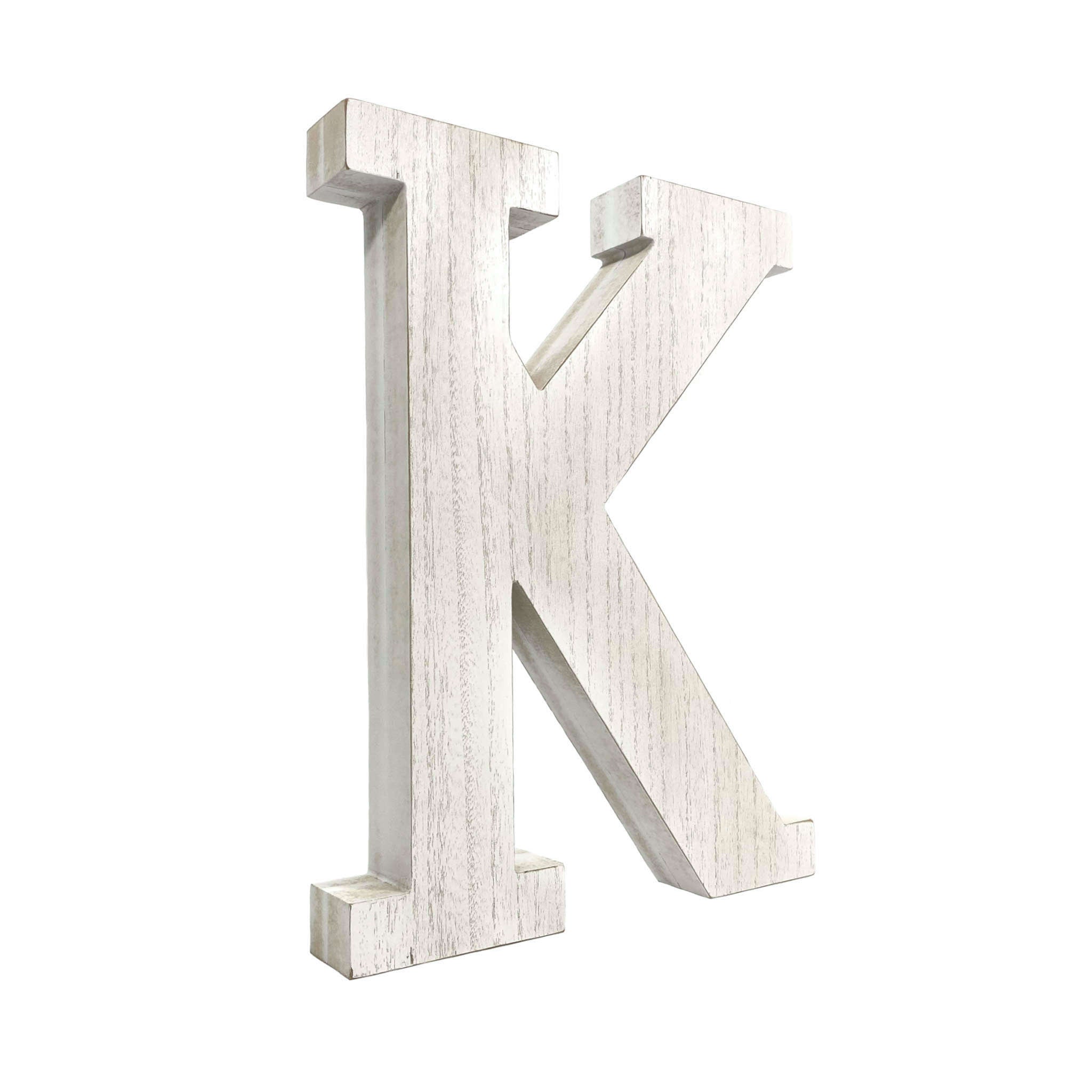 16" Distressed White Wash Wooden Initial Letter K Sculpture - Minihomy