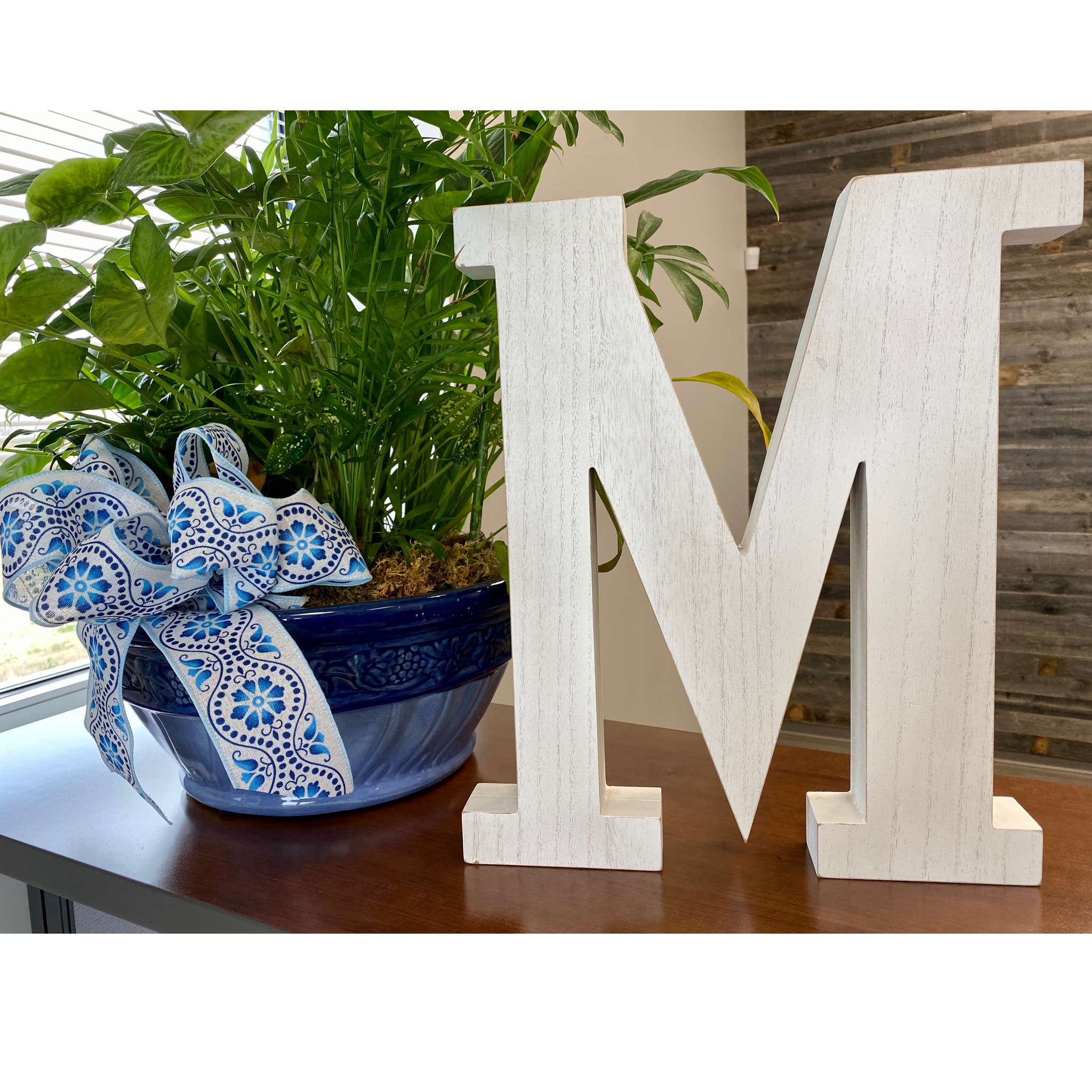 16" Distressed White Wash Wooden Initial Letter M Sculpture - Minihomy