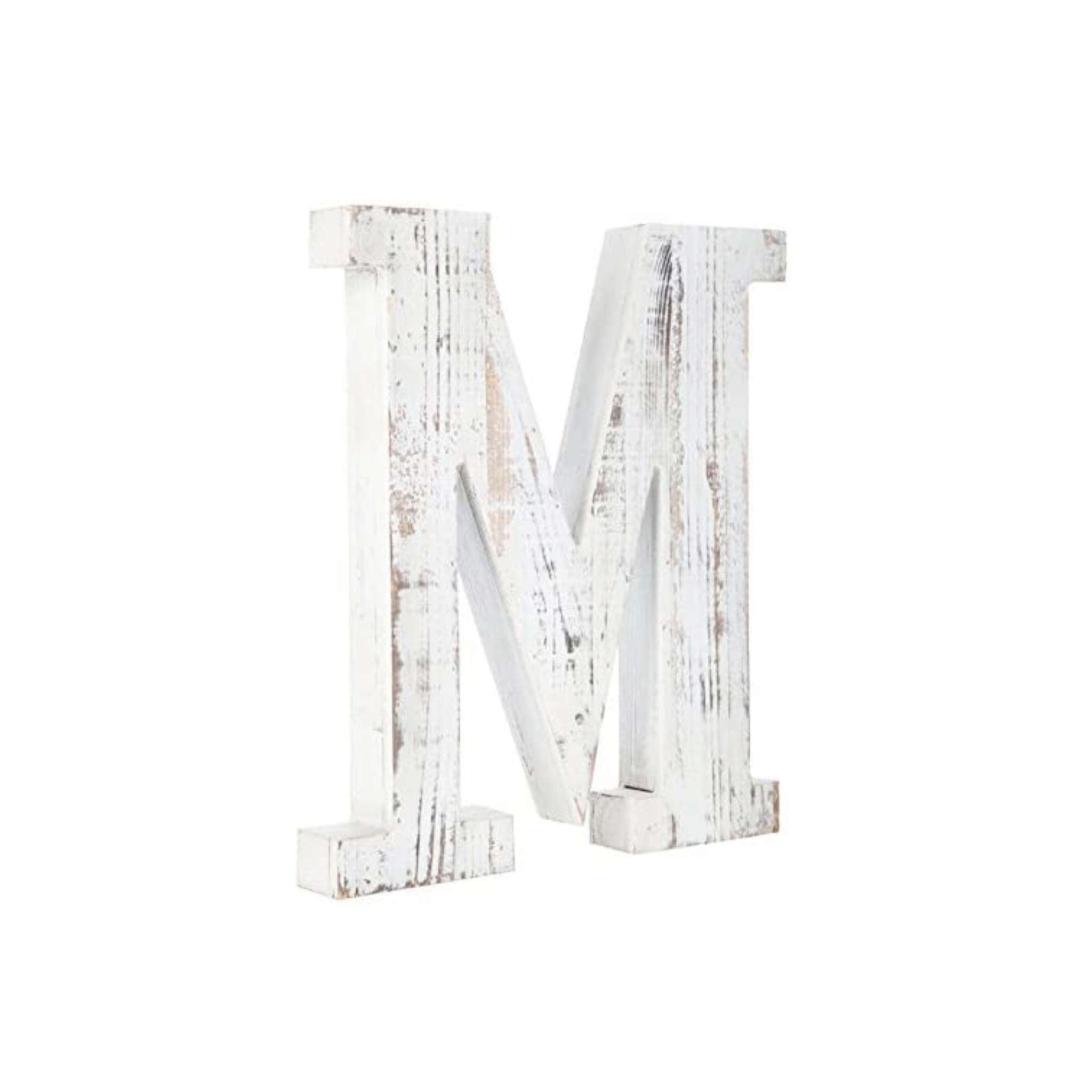 16" Distressed White Wash Wooden Initial Letter M Sculpture - Minihomy