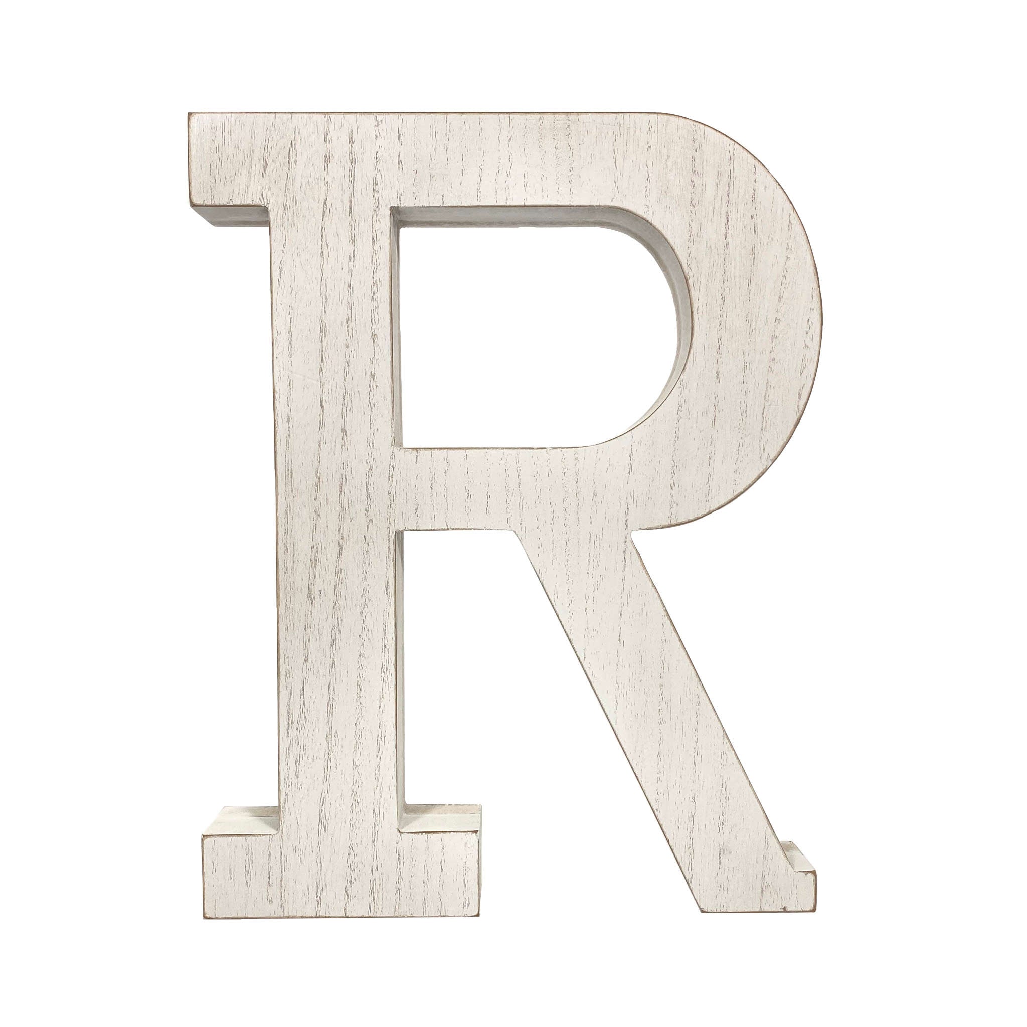 16" Distressed White Wash Wooden Initial Letter R Sculpture - Minihomy