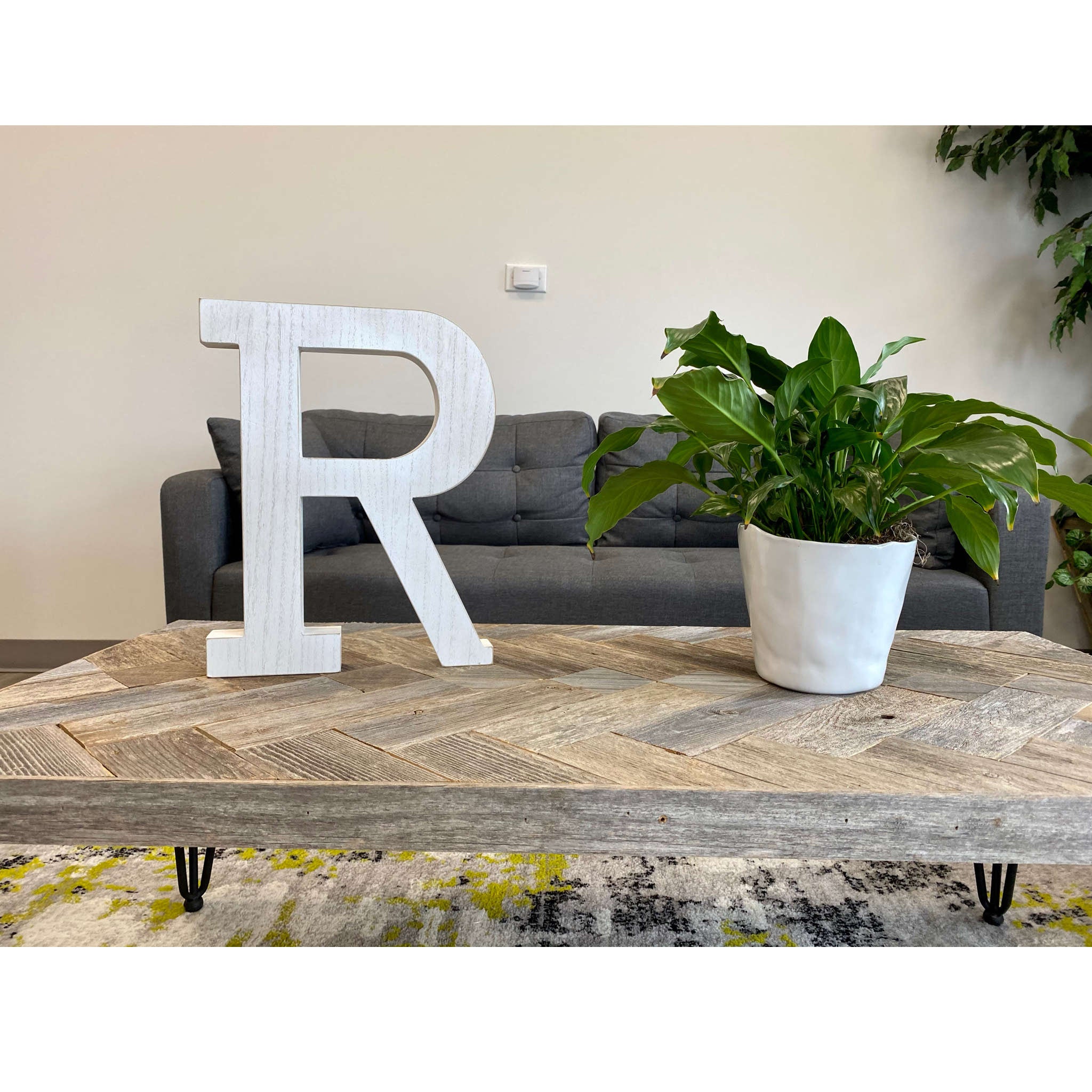 16" Distressed White Wash Wooden Initial Letter R Sculpture - Minihomy