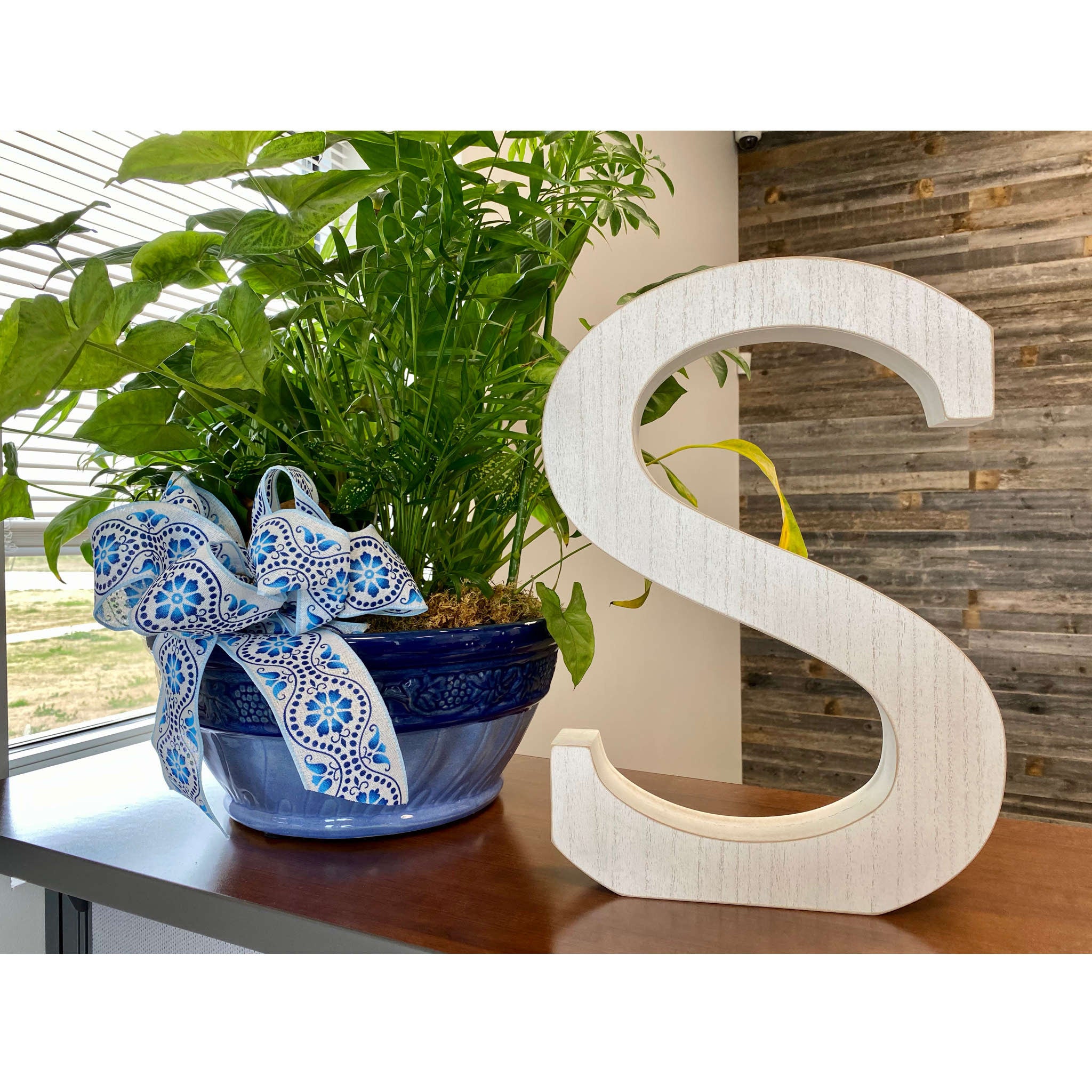 16" Distressed White Wash Wooden Initial Letter S Sculpture - Minihomy