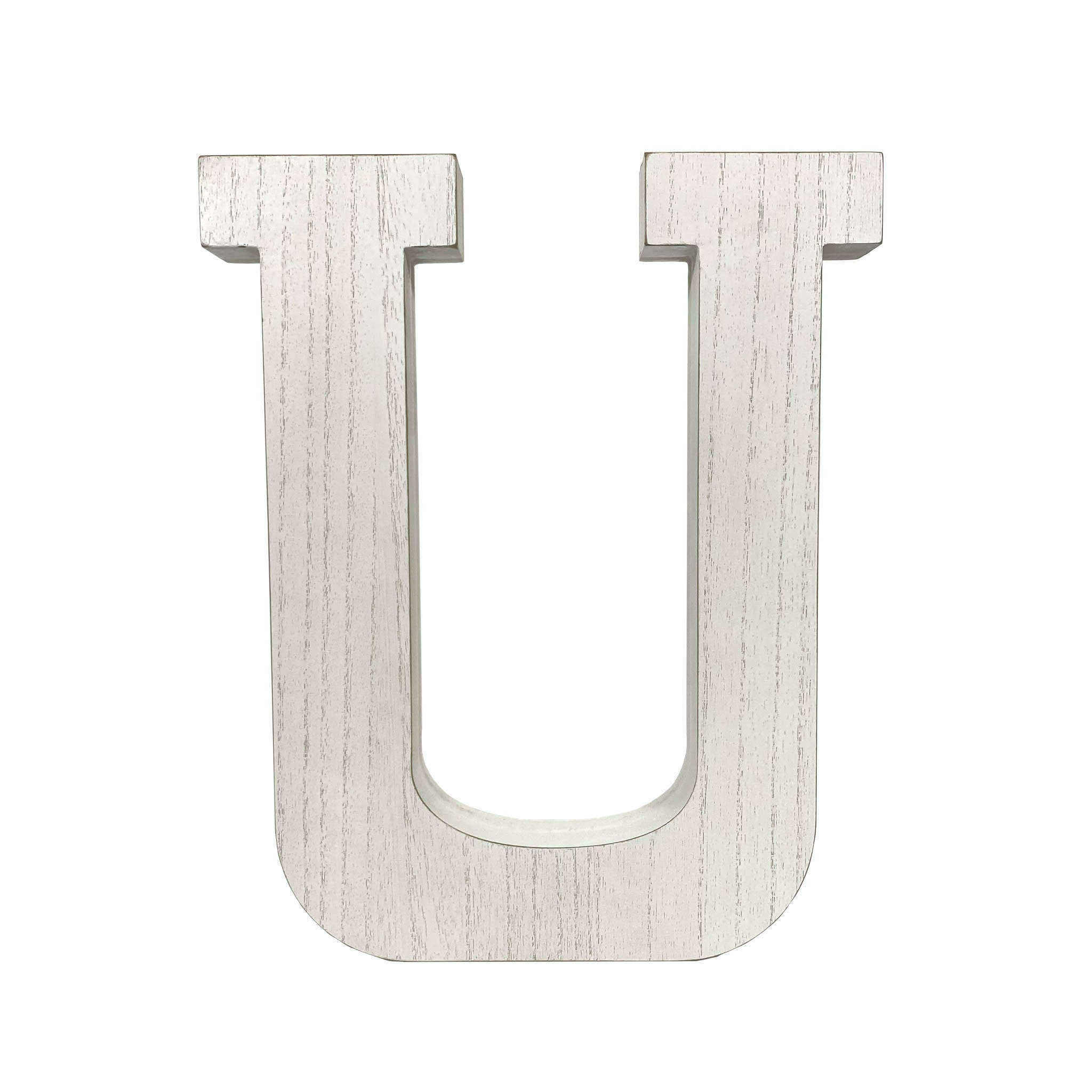 16" Distressed White Wash Wooden Initial Letter U Sculpture - Minihomy