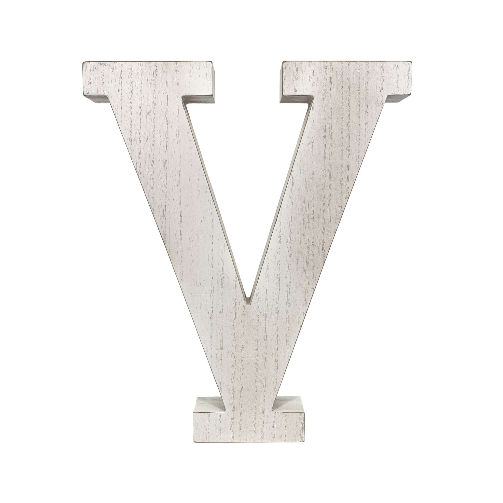 16" Distressed White Wash Wooden Initial Letter V Sculpture - Minihomy