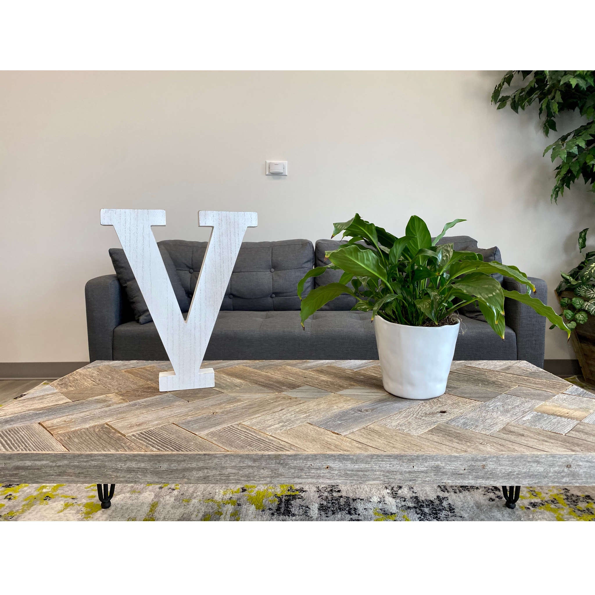 16" Distressed White Wash Wooden Initial Letter V Sculpture - Minihomy