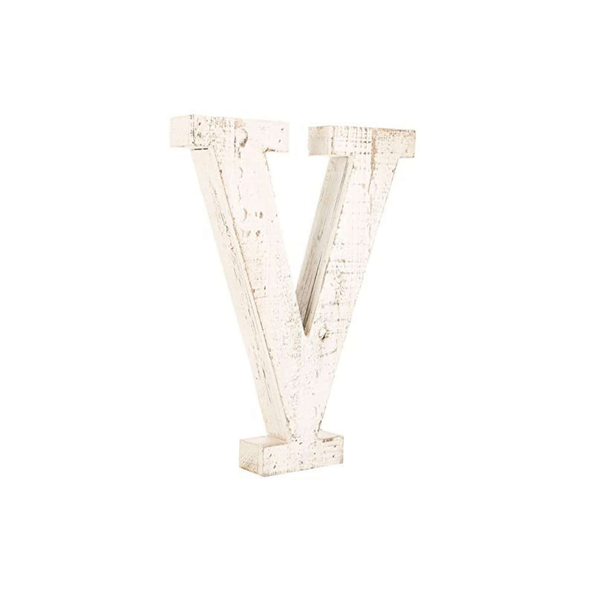 16" Distressed White Wash Wooden Initial Letter V Sculpture - Minihomy