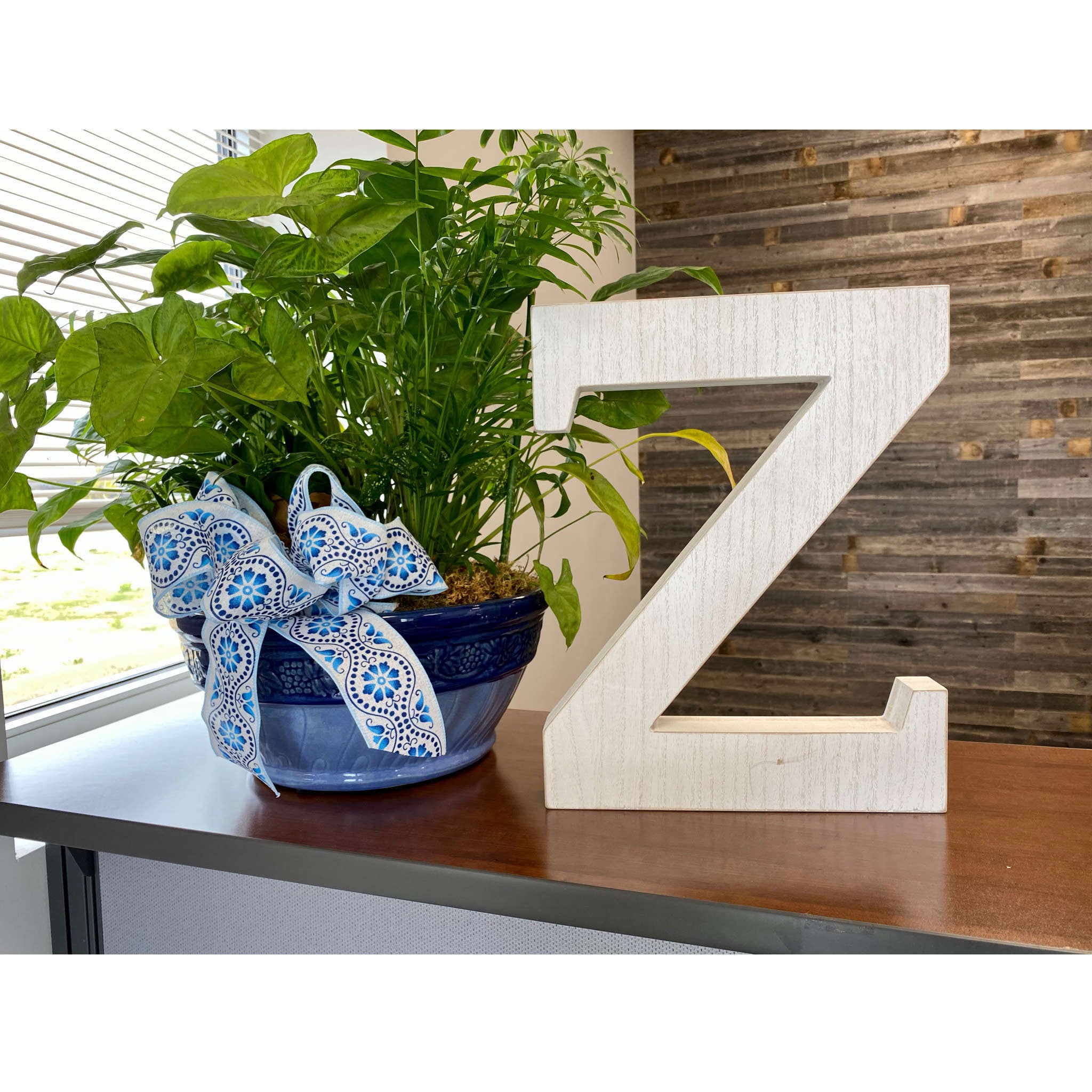 16" Distressed White Wash Wooden Initial Letter Z Sculpture - Minihomy