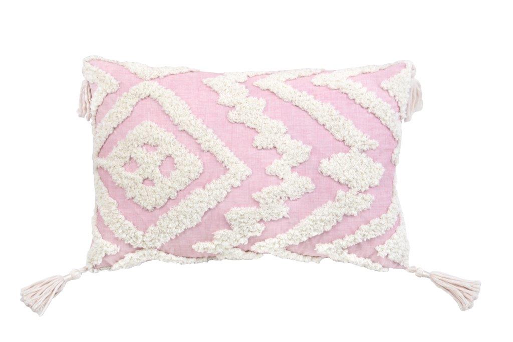 13" X 20" Pink and White Textural Abstract Throw Pillow with Tassels - Minihomy