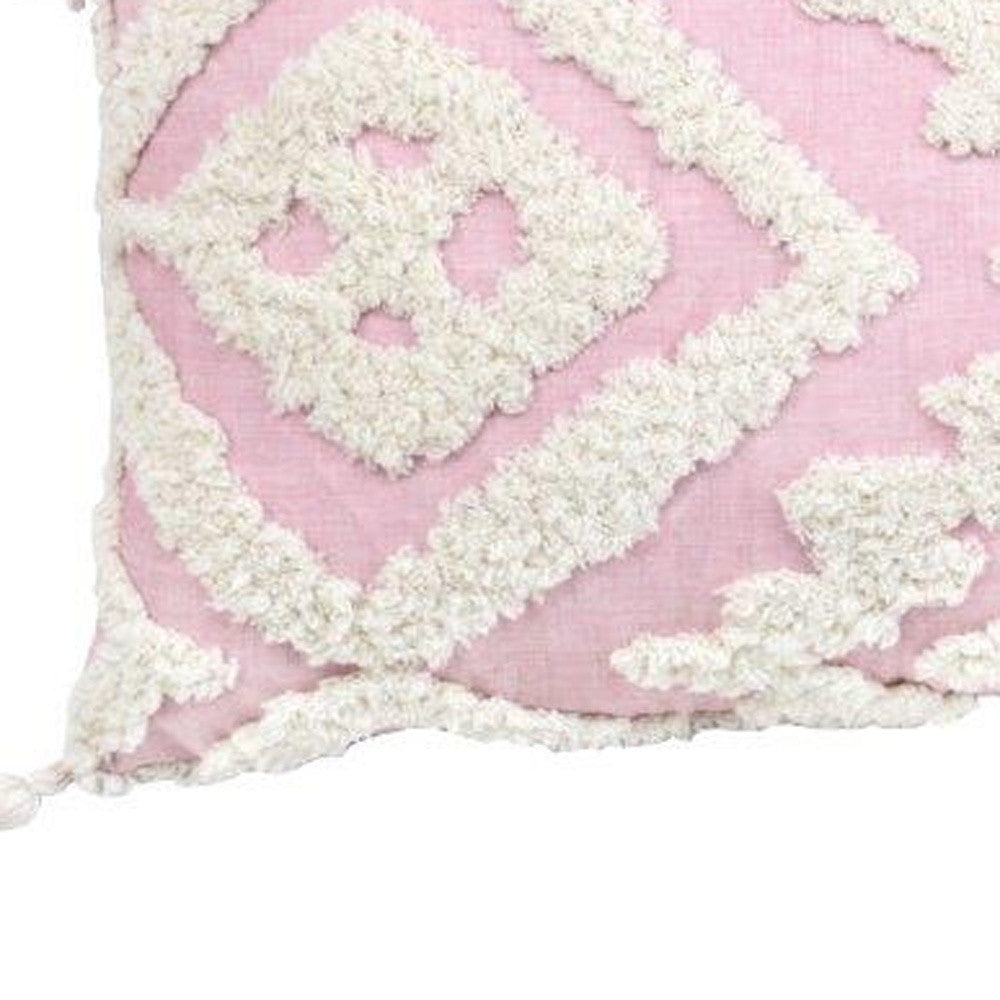 13" X 20" Pink and White Textural Abstract Throw Pillow with Tassels - Minihomy