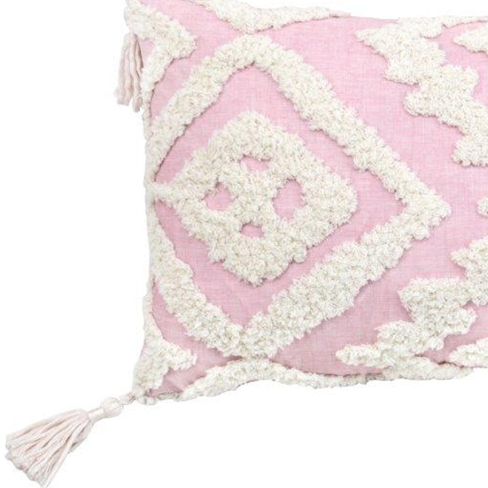 13" X 20" Pink and White Textural Abstract Throw Pillow with Tassels - Minihomy