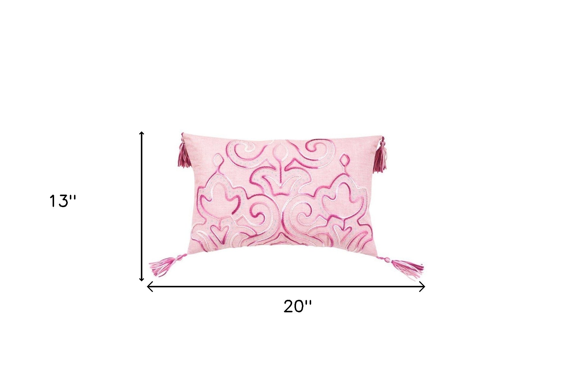 13" X 20" Pink Embroidered Damask Throw Pillow With Tassels - Minihomy