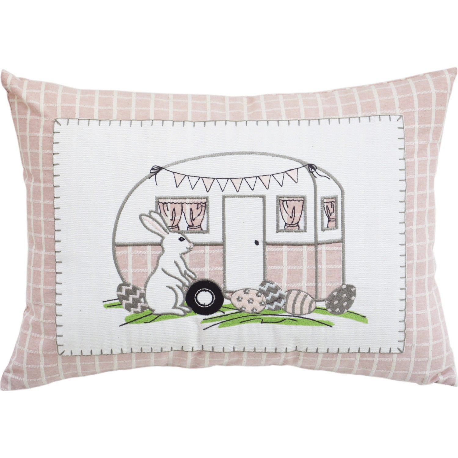 13" X 18" Light Pink Checkered Easter Eggs Bunny Camper Throw Pillow - Minihomy