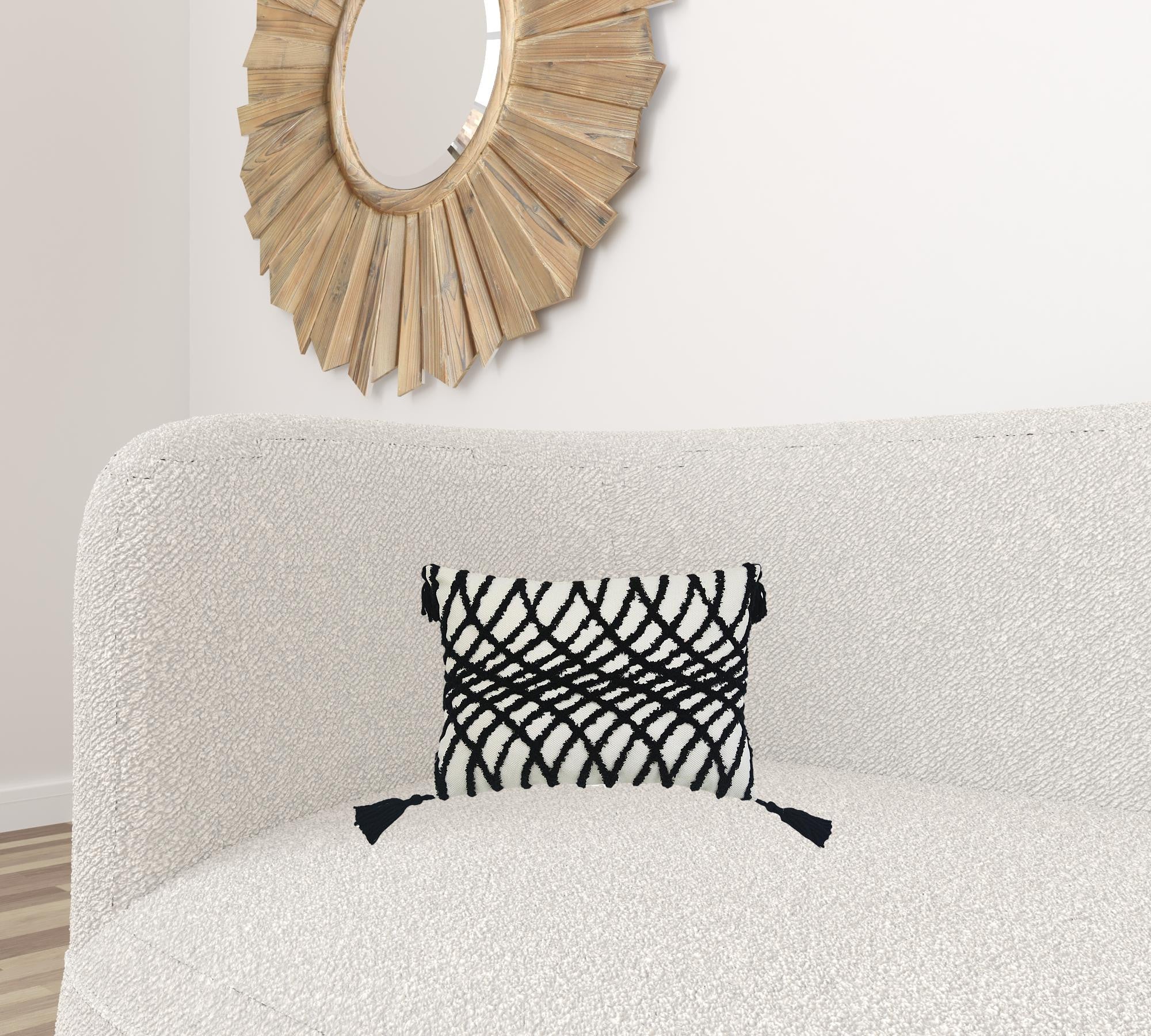 13" X 18" Black And White Geometric Zippered Polyester And Cotton Blend Throw Pillow With Tassels - Minihomy