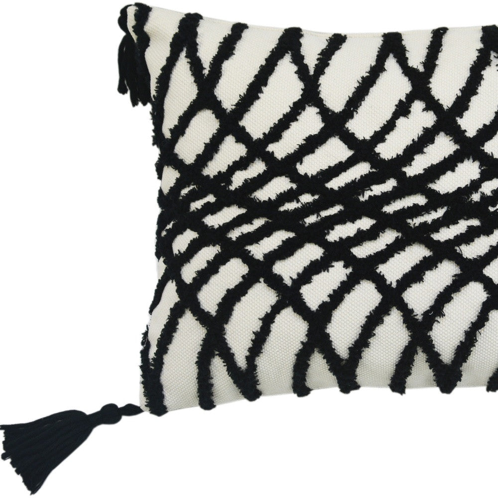 13" X 18" Black And White Geometric Zippered Polyester And Cotton Blend Throw Pillow With Tassels - Minihomy