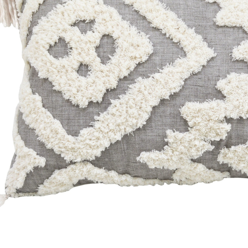 13" X 20" Grey And White Abstract Zippered Polyester Throw Pillow With Tassels - Minihomy