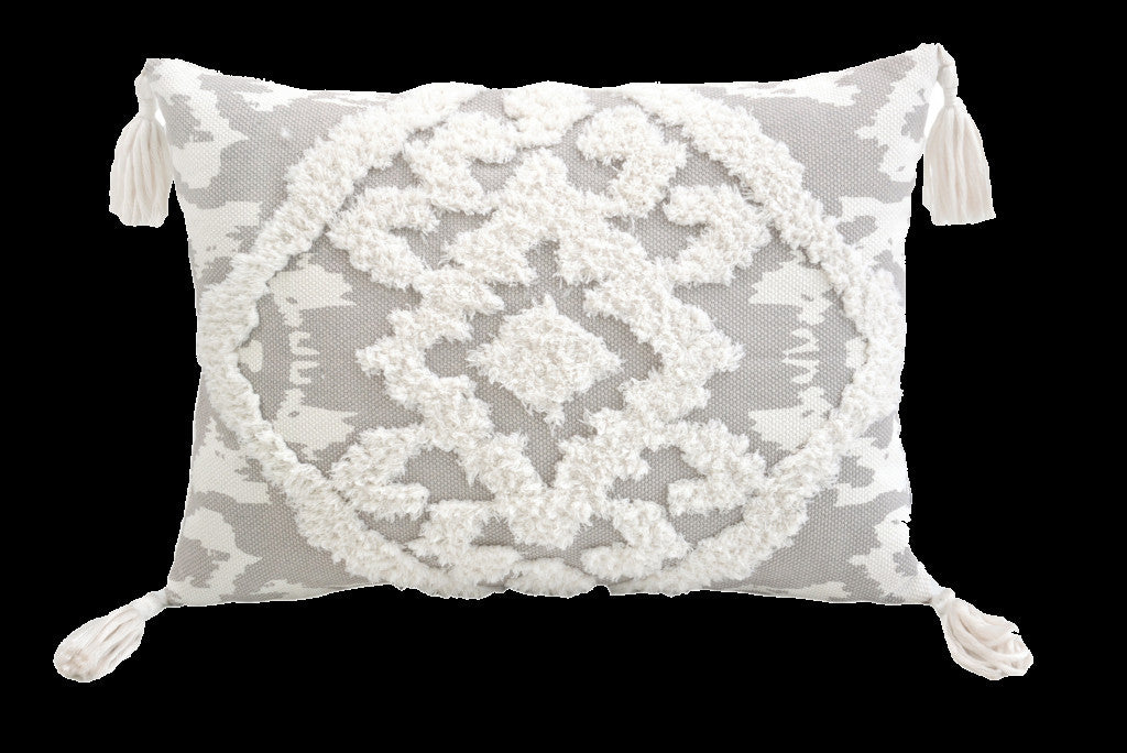 13" X 18" Grey And White Damask Zippered Polyester And Cotton Blend Throw Pillow With Tassels - Minihomy