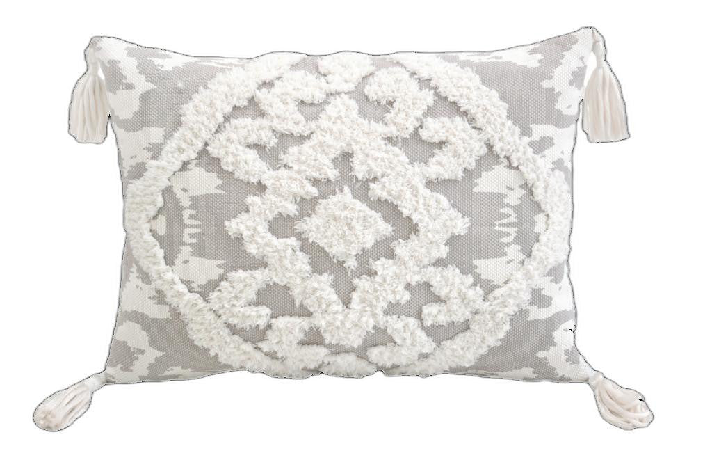 13" X 18" Grey And White Damask Zippered Polyester And Cotton Blend Throw Pillow With Tassels - Minihomy